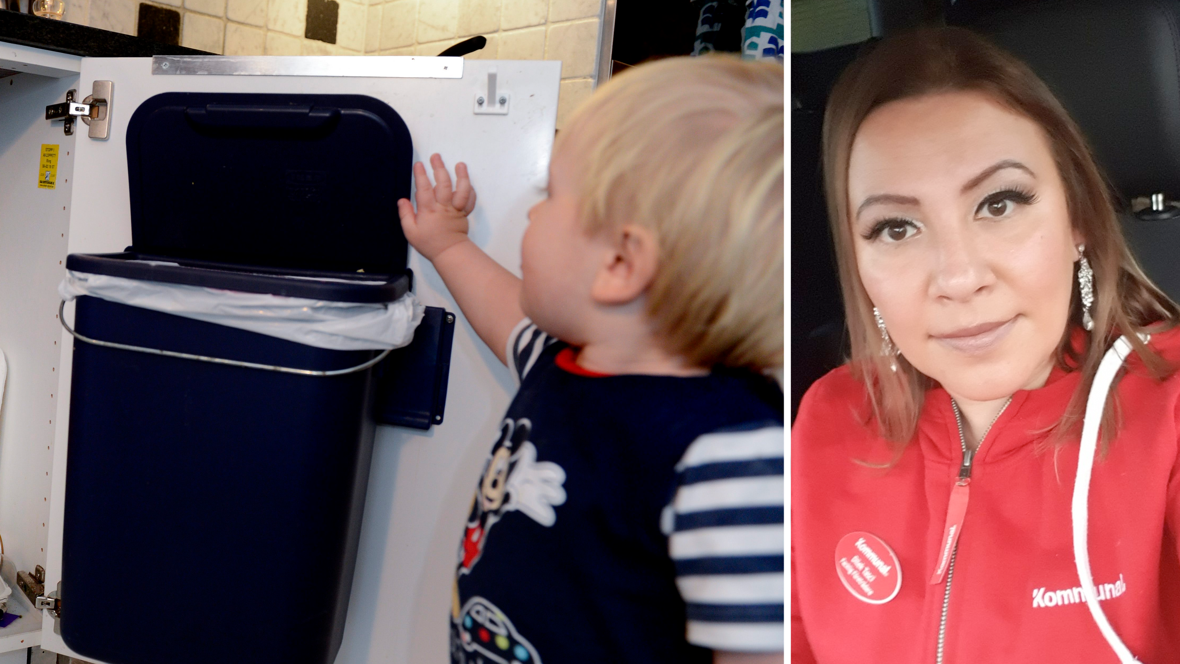 Bildmontage med foto på ett barn som öppnar en soptunna under en diskbänk, invid ett foto på Dilek Tasci.