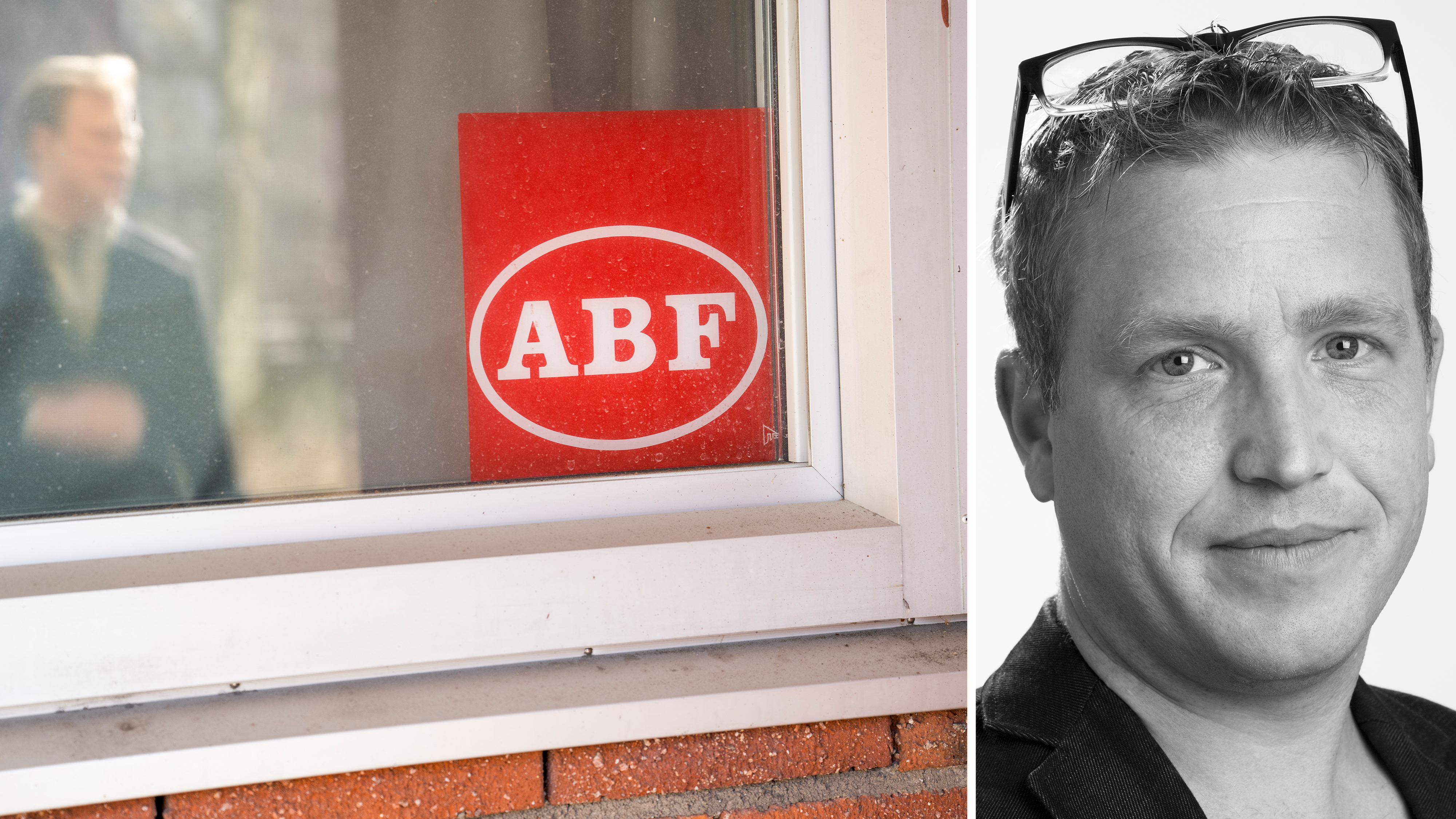 Delad bild på fönster med ABF-kilistermärke och en man som tittar i kameran.