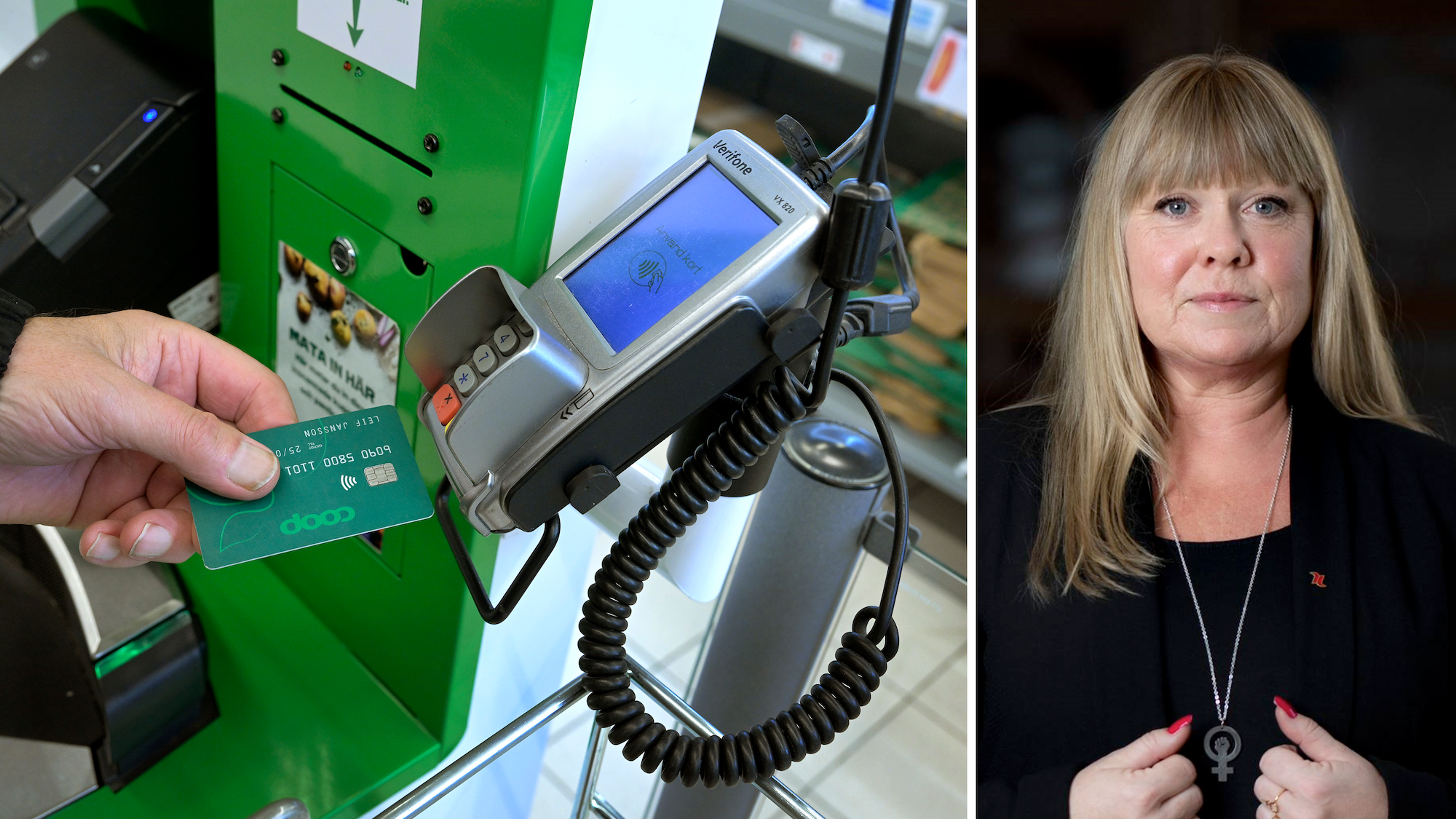 Bildmontage med foto på en person som betalar med kort på Coop, och ett foto på Linda Palmetzhofer.