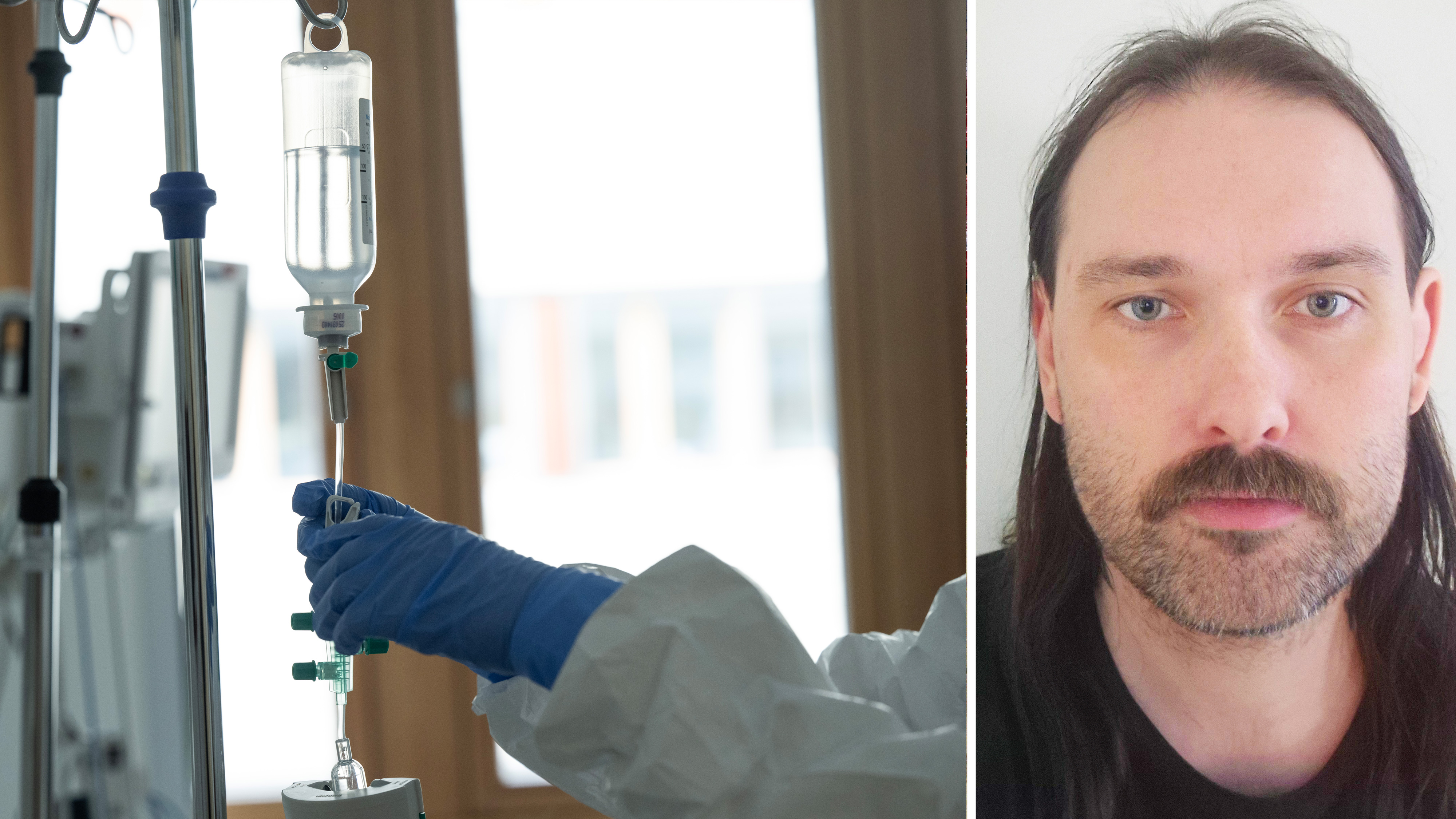 En hand med handske justerar ett dropp i en medicinsk miljö; bredvid finns ett porträtt av en man med långt mörkt hår och mustasch.