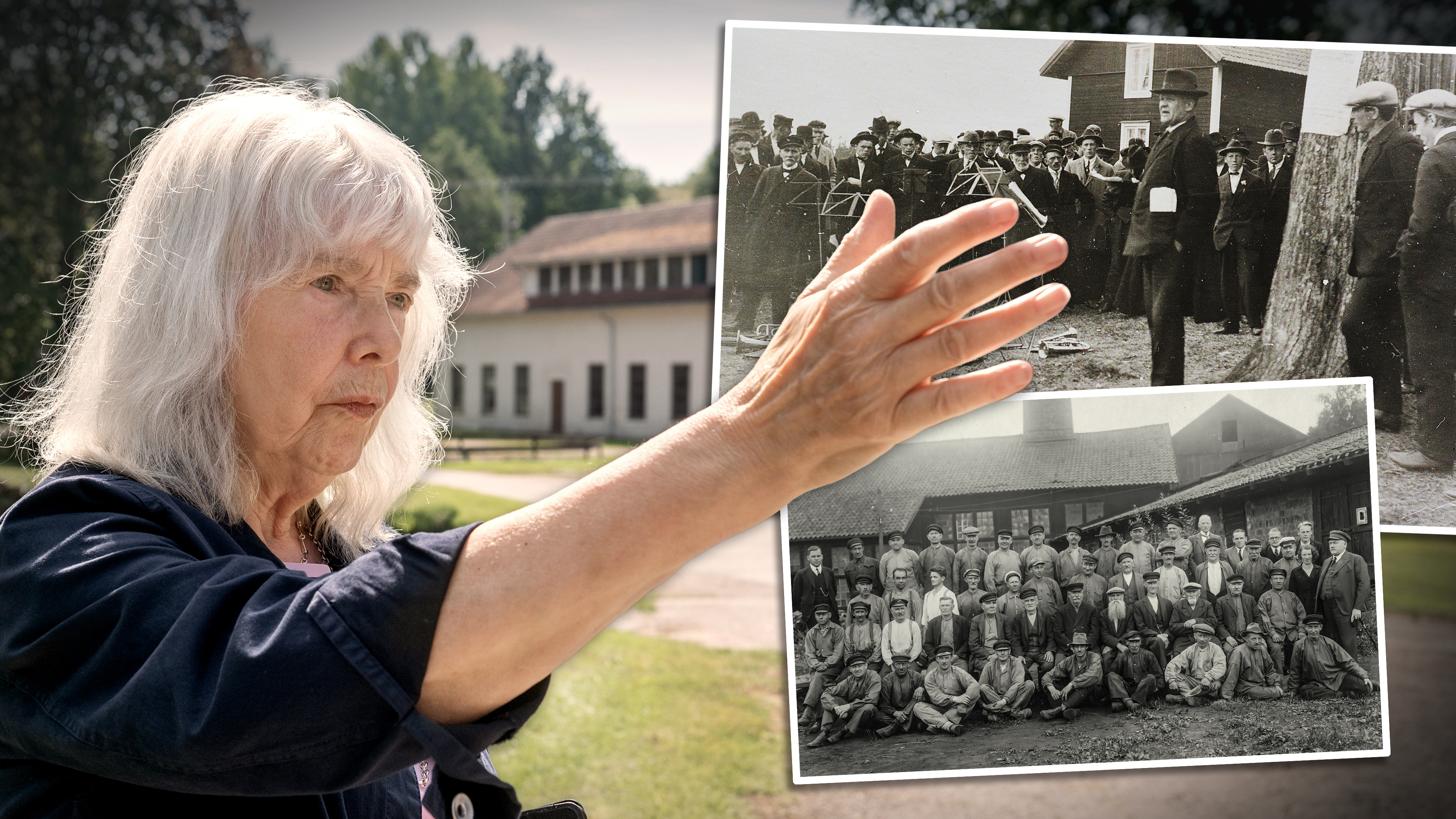 Annette Thörnquist visar med handen utanför en byggnad; två små svartvita foton visar grupper vid samma plats tidigare.