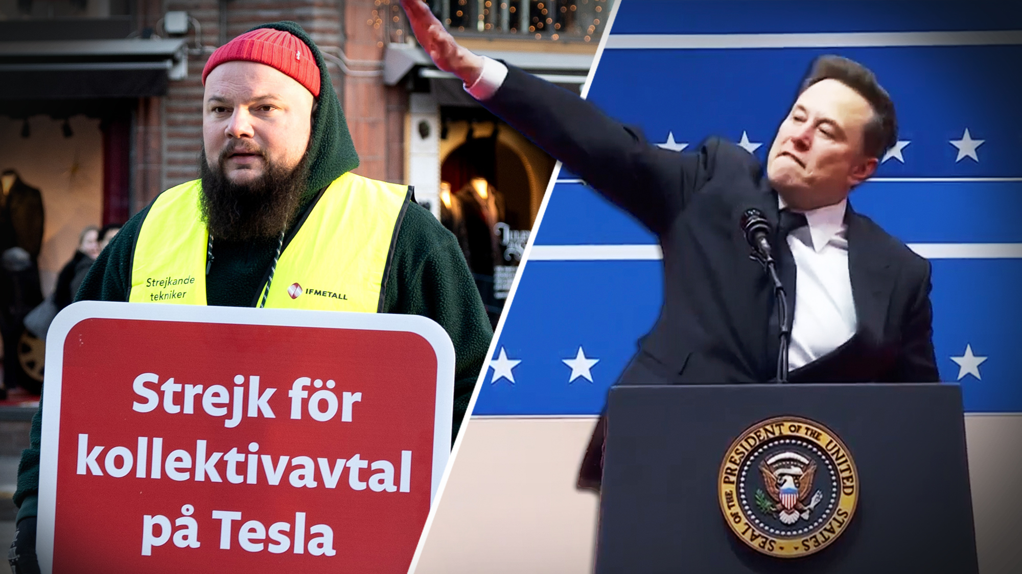 Delad bild. Jānis Kuzma håller en skylt på svenska om en Tesla-strejk, bredvid står en man vid ett podium och höjer armen.