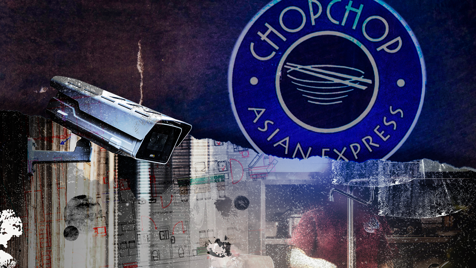 En säkerhetskamera är riktad framåt nära en trasig affisch med "Chop Chop Asian Express"-loggan och en rörig bakgrund.