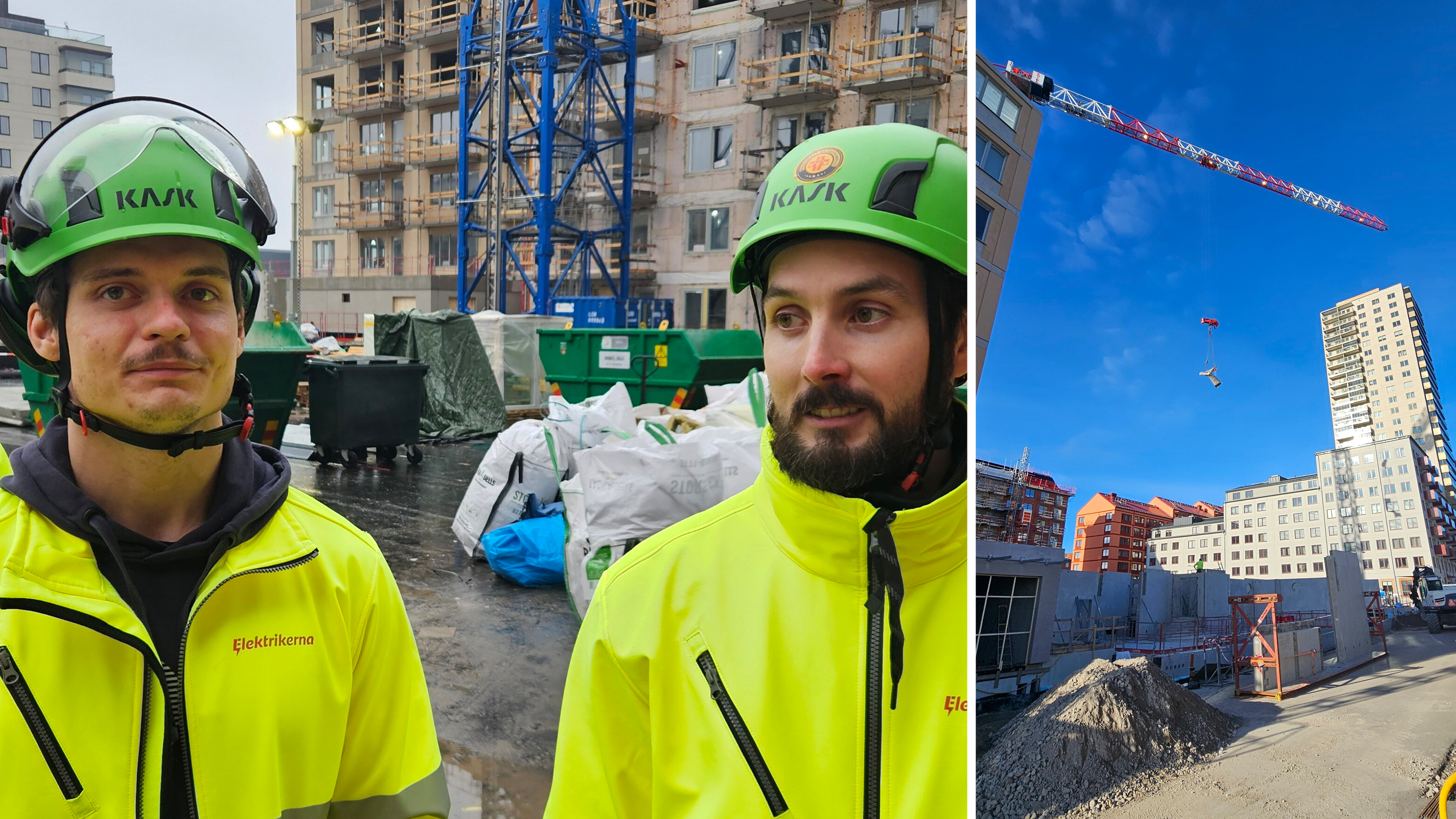 Två byggarbetare med gula jackor och gröna hjälmar står på en byggarbetsplats; en kran och höghus syns i bakgrunden.