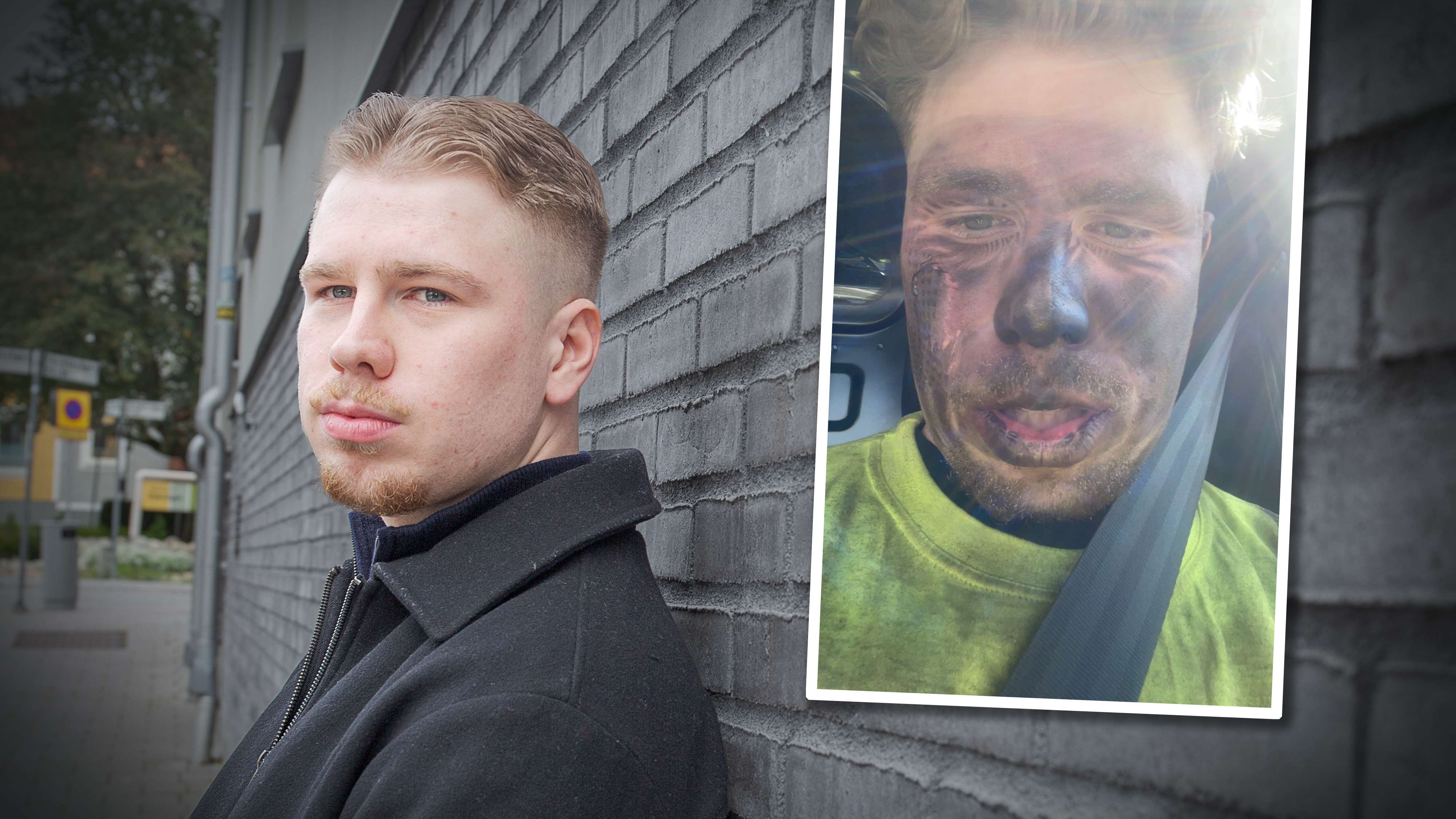 Rasmus Ström med ljust hår och skägg lutar mot en tegelvägg; i en infälld bild har han sot i ansiktet och bär varseltröja samt bälte.