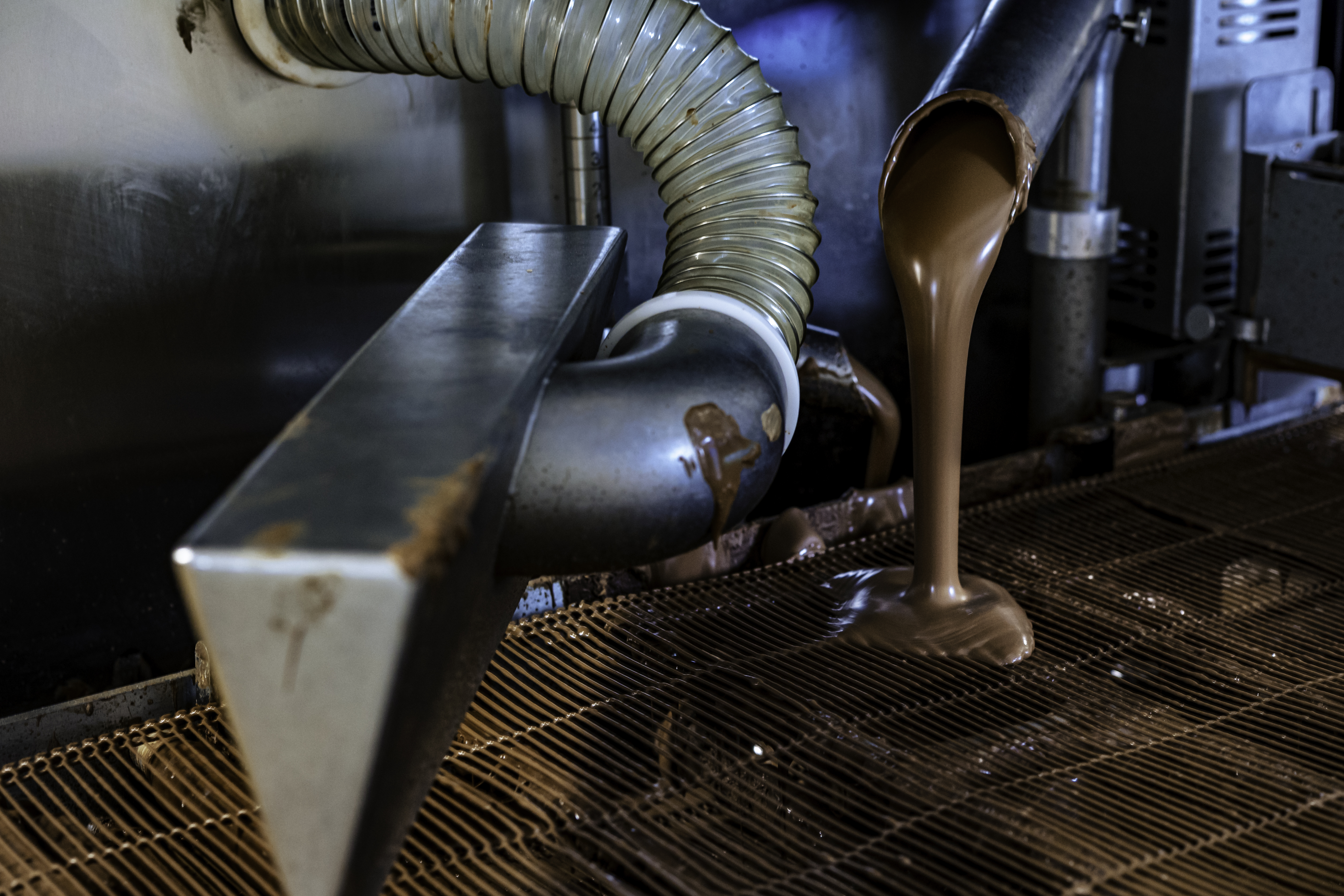 En maskin håller choklad över proteinbars i fabriken.