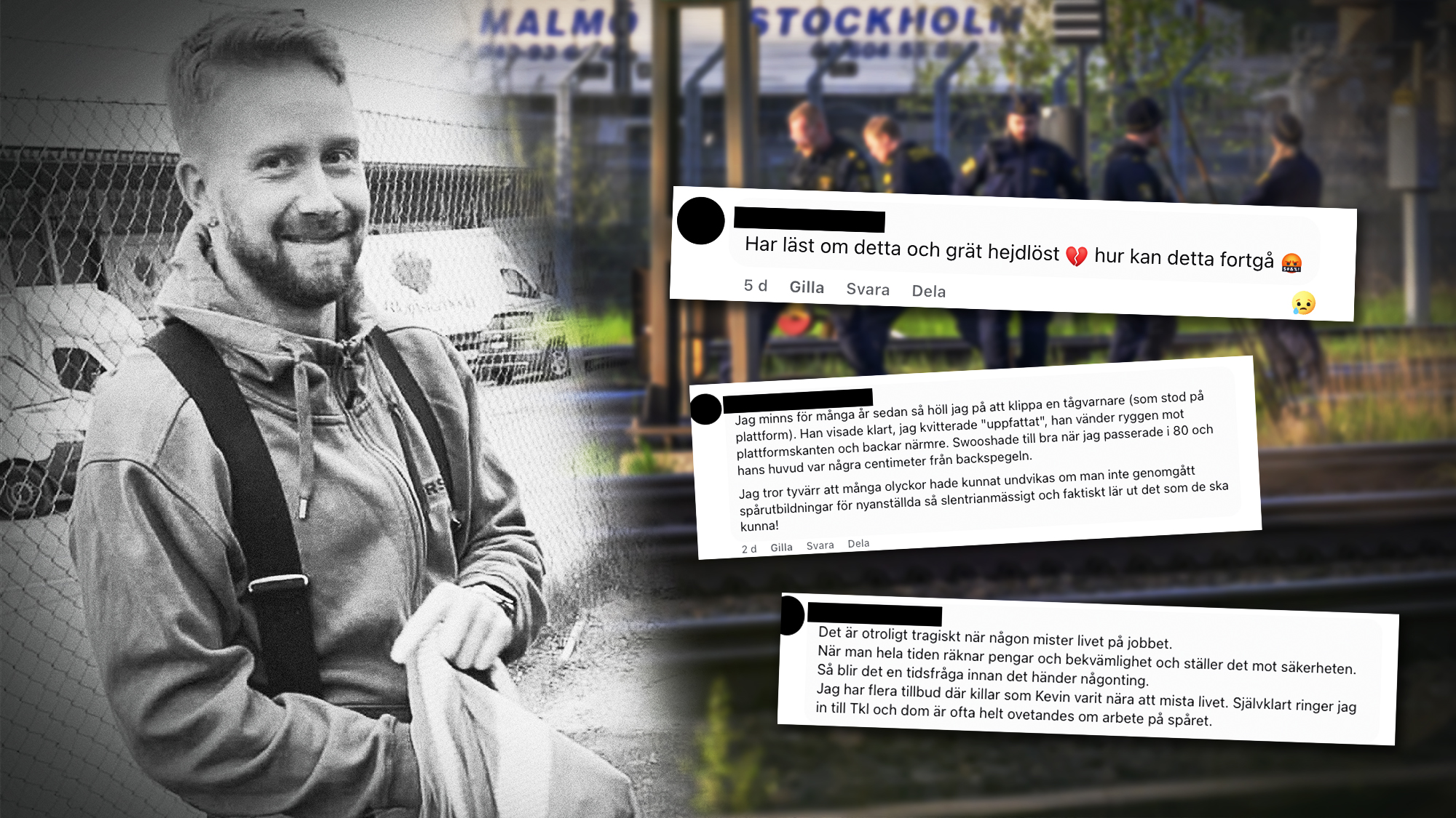 Svartvit bild av man till vänster; till höger står polis vid tåg, svenska inlägg från sociala medier syns i förgrunden.