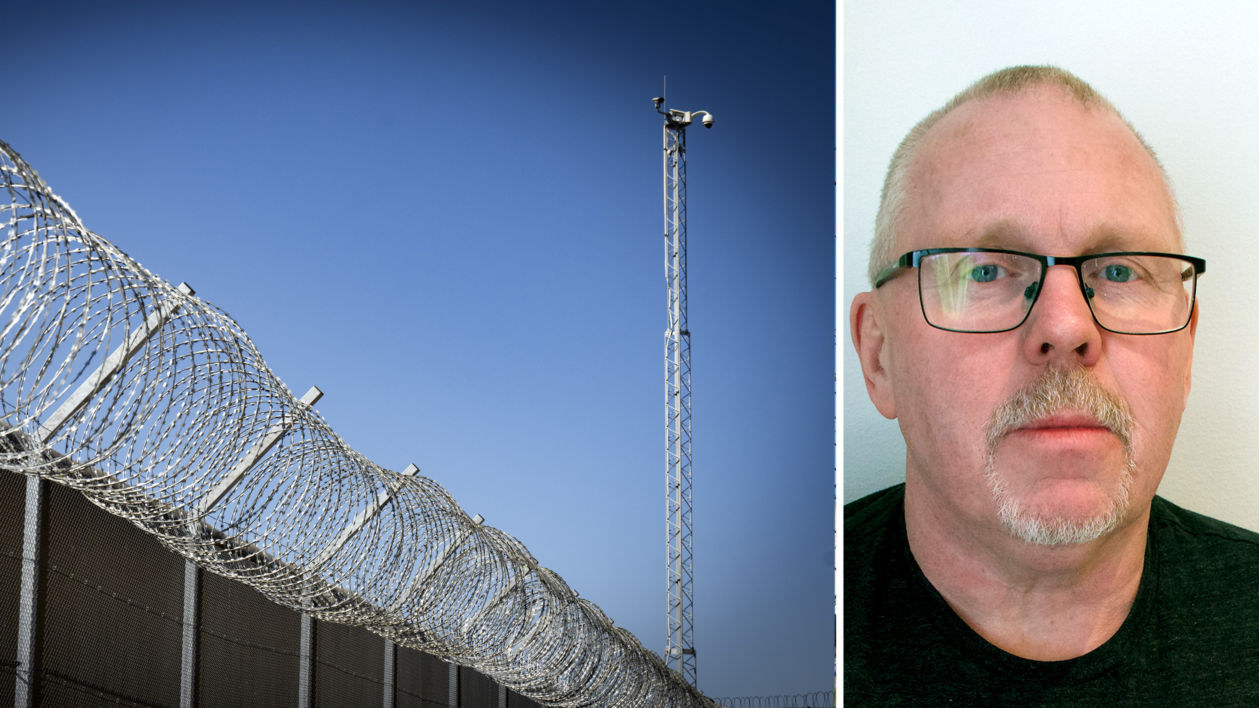 Till vänster: Taggtrådsstängsel och vakttorn mot himlen. Till höger: Närbild av en gammal man med glasögon och mustasch, vänd mot kameran.