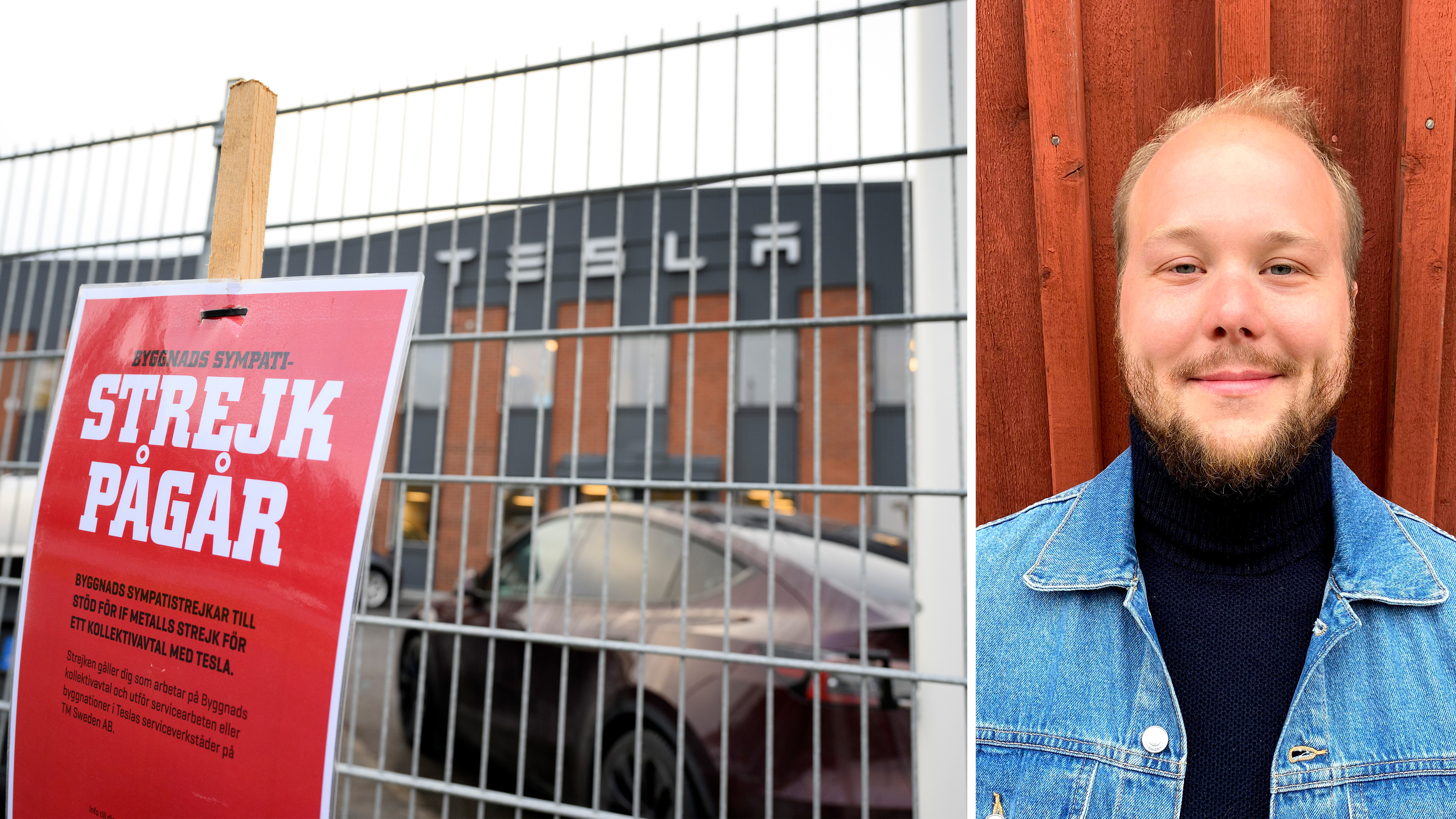 En skylt med texten "Strejk Pågår" sitter på ett staket framför en Tesla-byggnad; en man i jeansjacka står vid en trävägg.