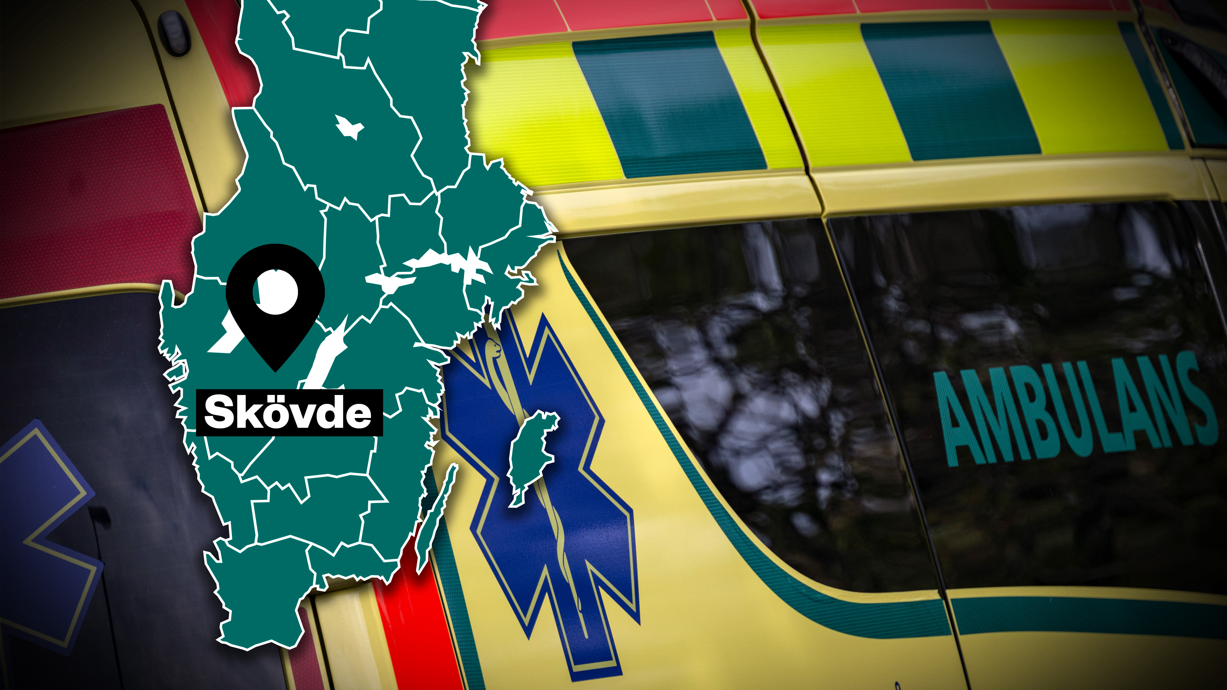 Karta som visar Skövde i Sverige bredvid ett svenskt ambulansfordon med texten "Ambulans" på sidan.