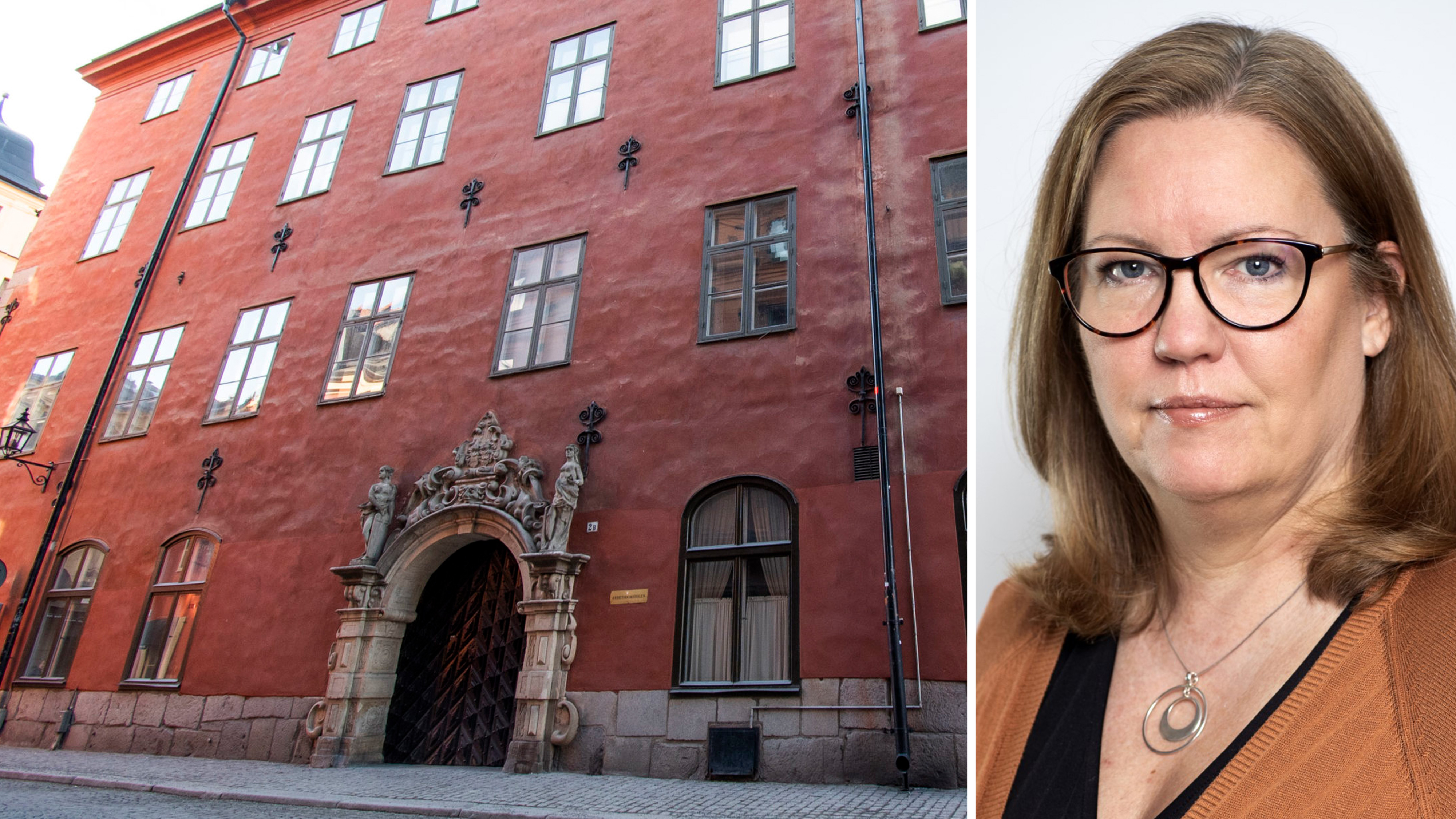 En röd äldre byggnad med ingång till vänster; till högerLena Maier Söderberg med glasögon, ljust brunt hår och brun jacka.