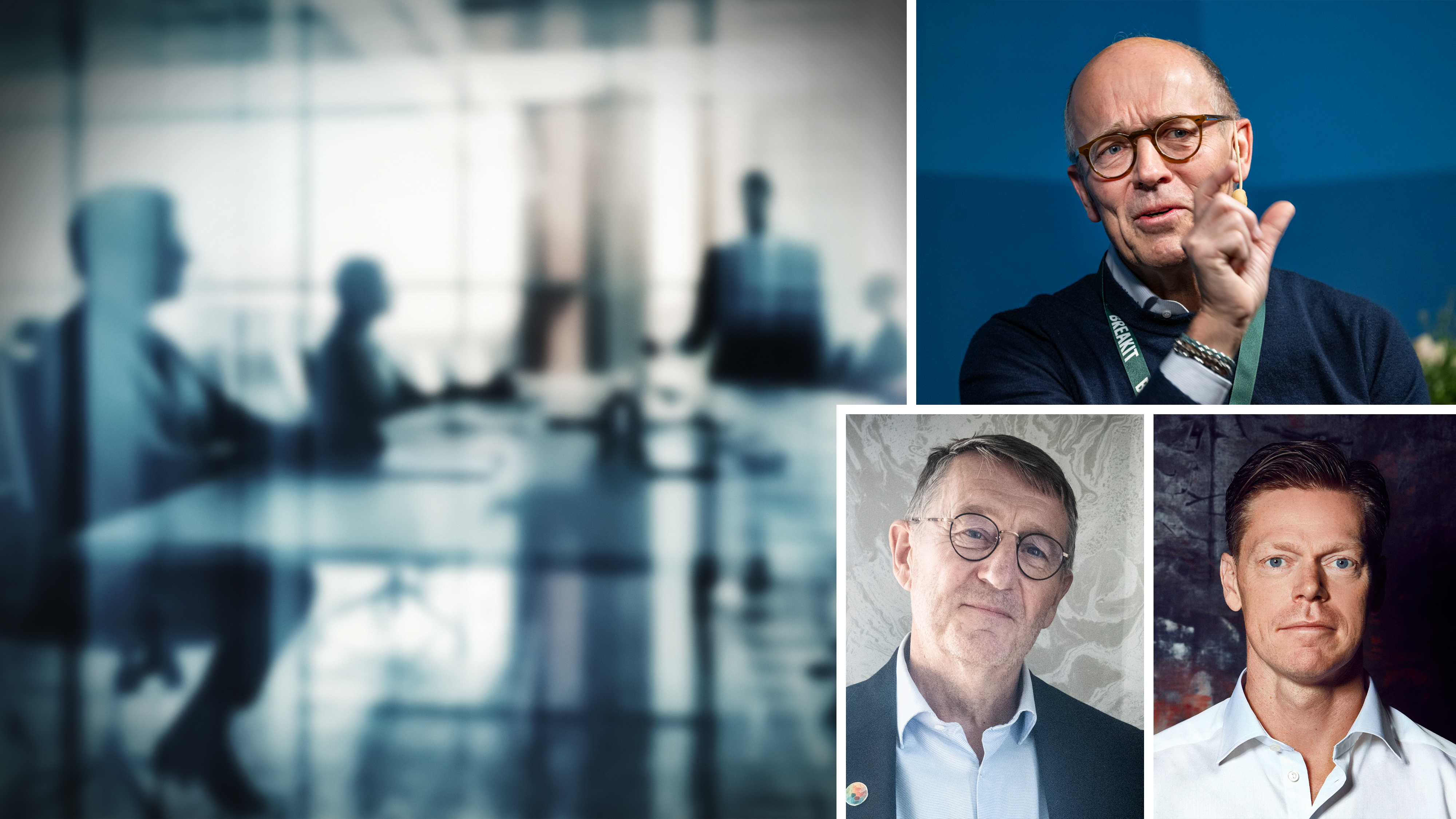 Ett foto av personer som möts vid ett bord samt tre porträtt av olika män, alla med glasögon eller kostym.