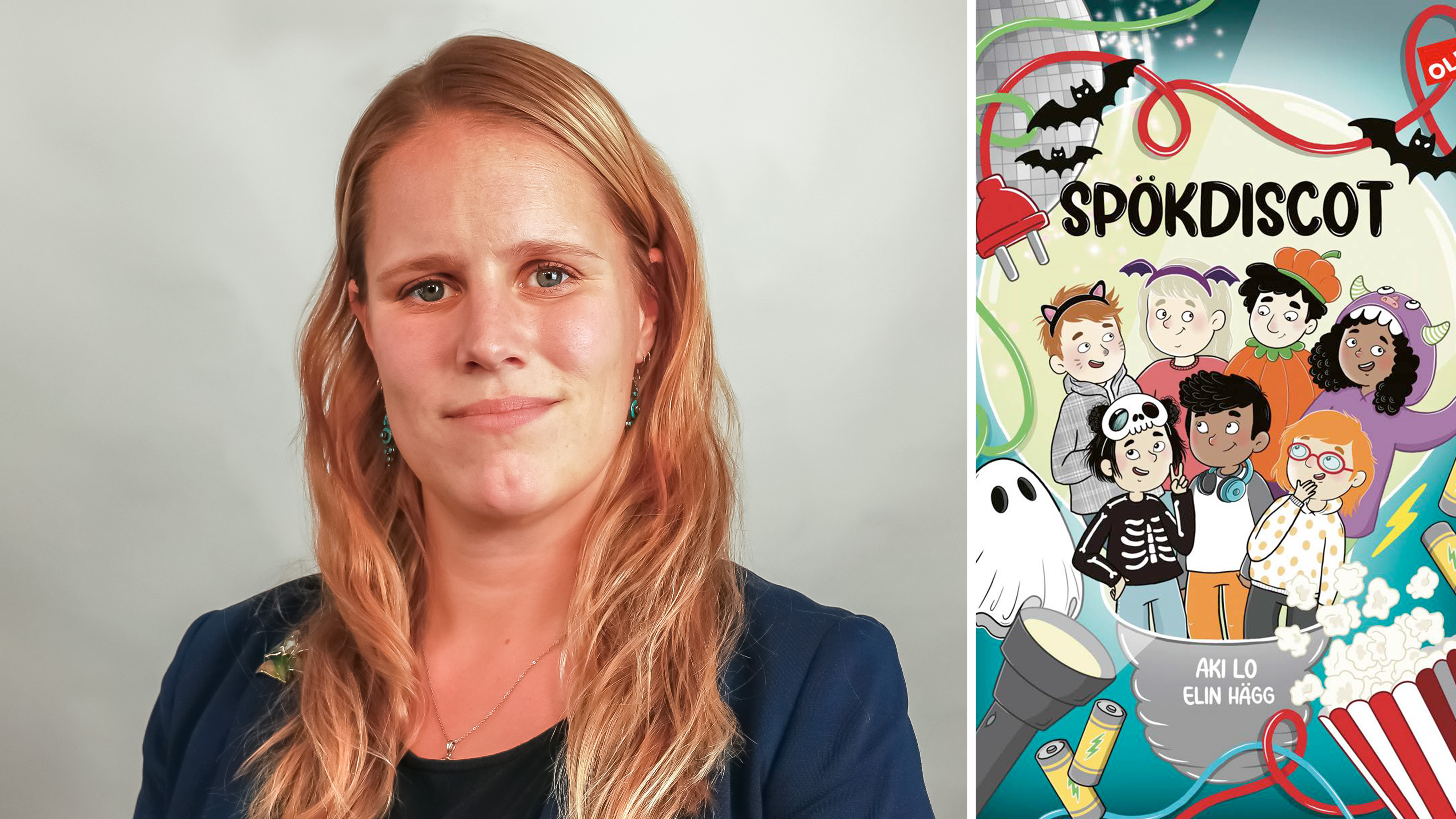 En kvinna med långt blont hår står bredvid ett barnboksomslag med titeln "Spökdiscot" som visar barn i utklädnad.