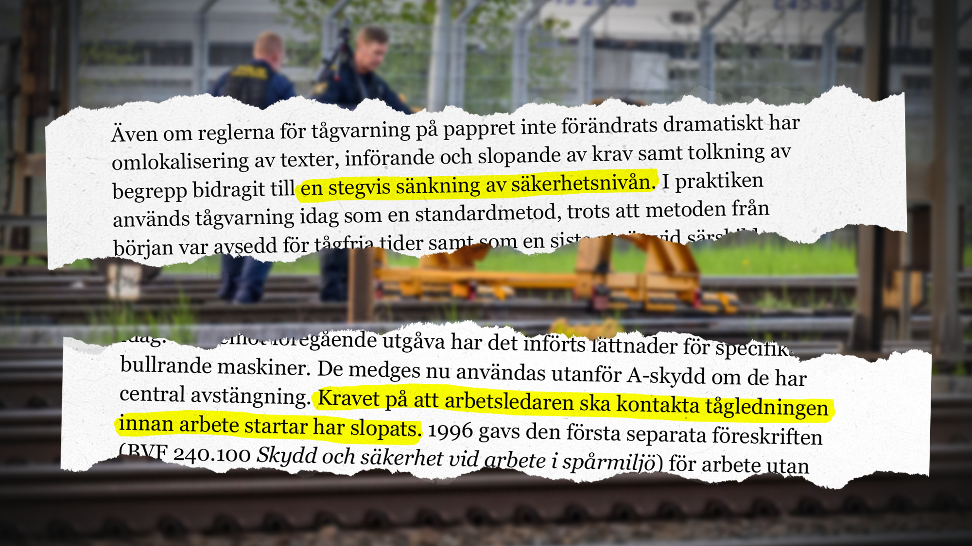 Ett dokument med markerad svensk text visas över en bakgrund med järnvägsspår och en järnvägsarbetare i varselväst.