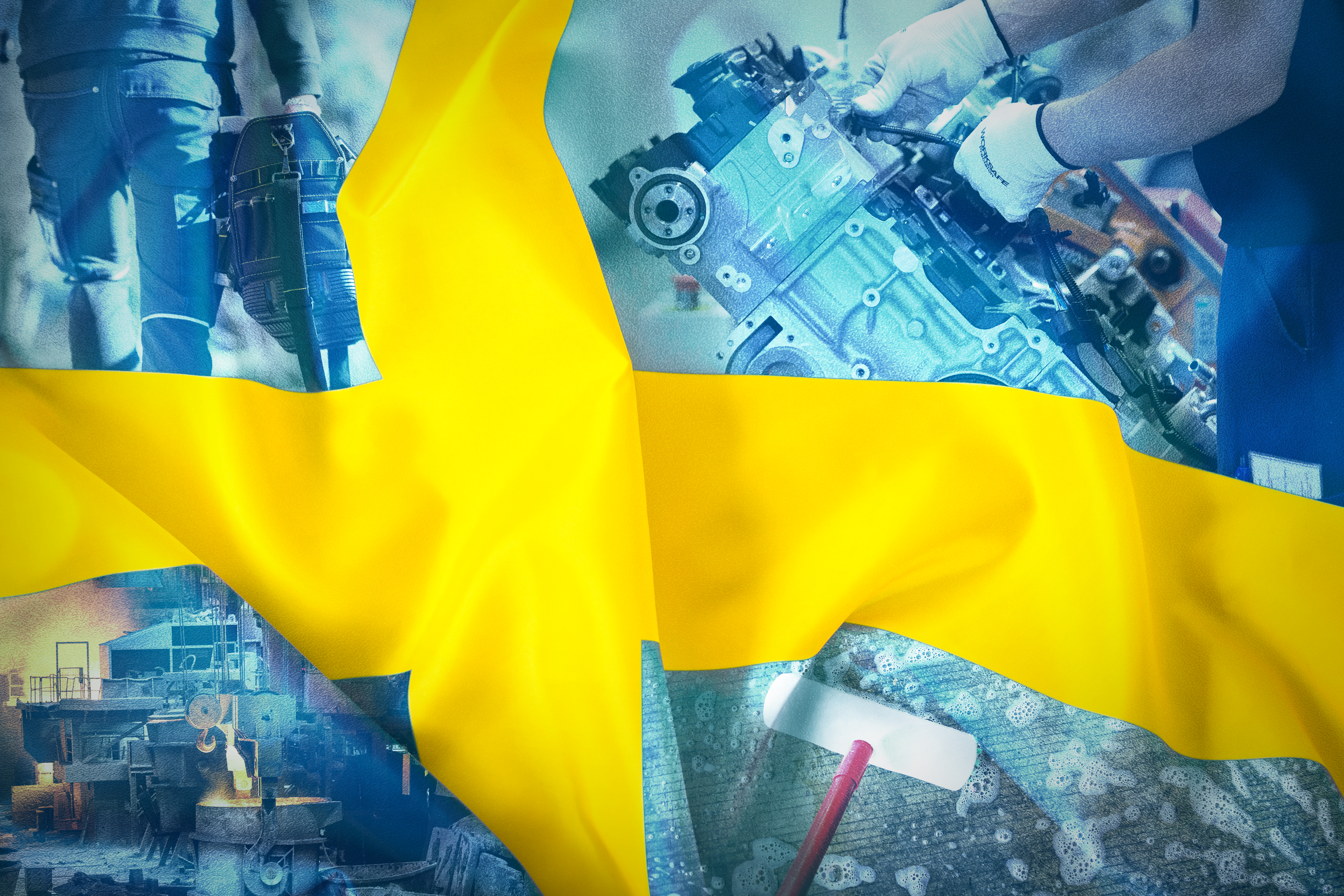 Bildmontage med en svensk flagga och olika sorters arbetsplatser.