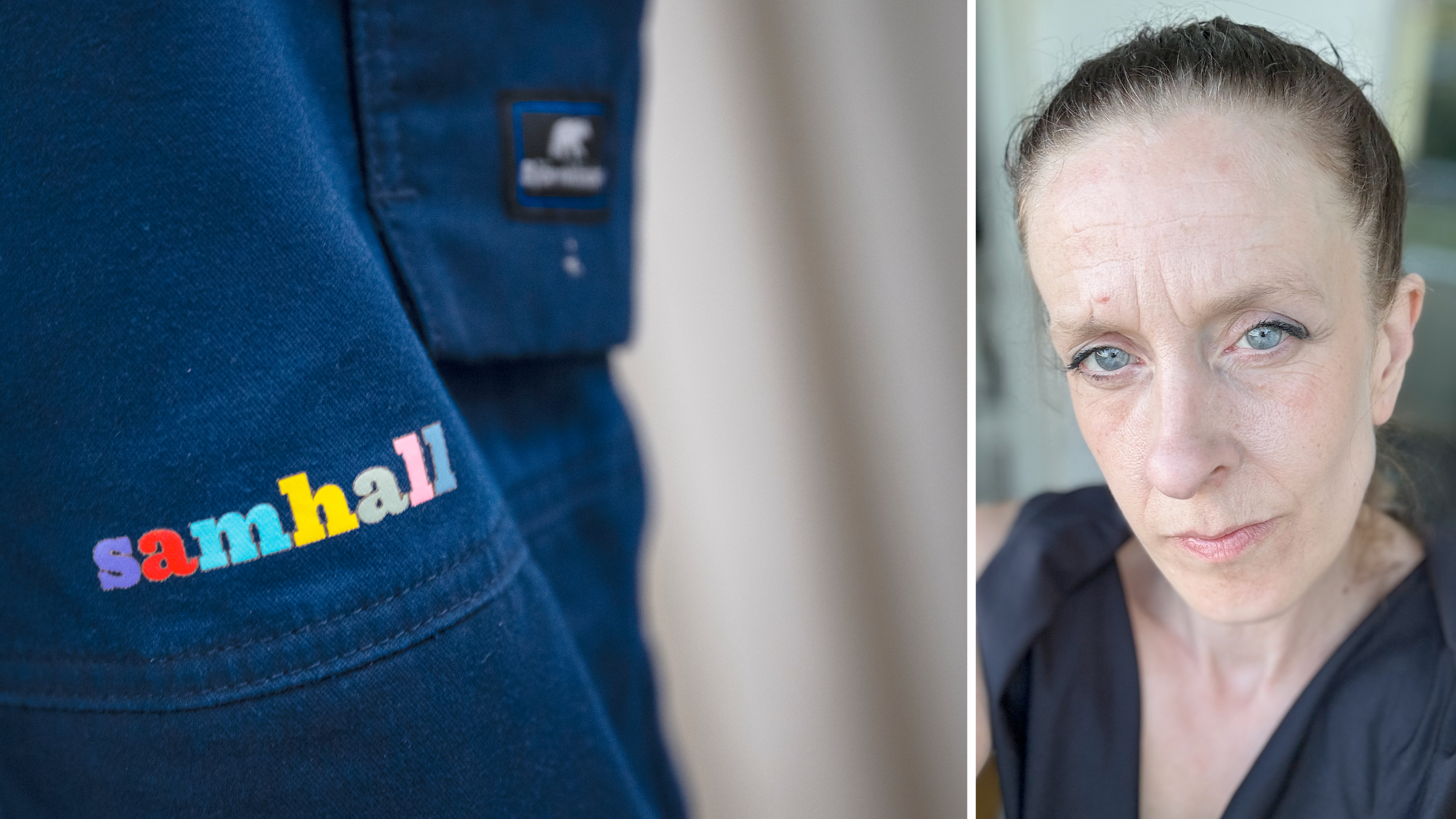 Bildmontage med närbild på Samhall-kläder, invid ett foto på Veronica Dahlberg.