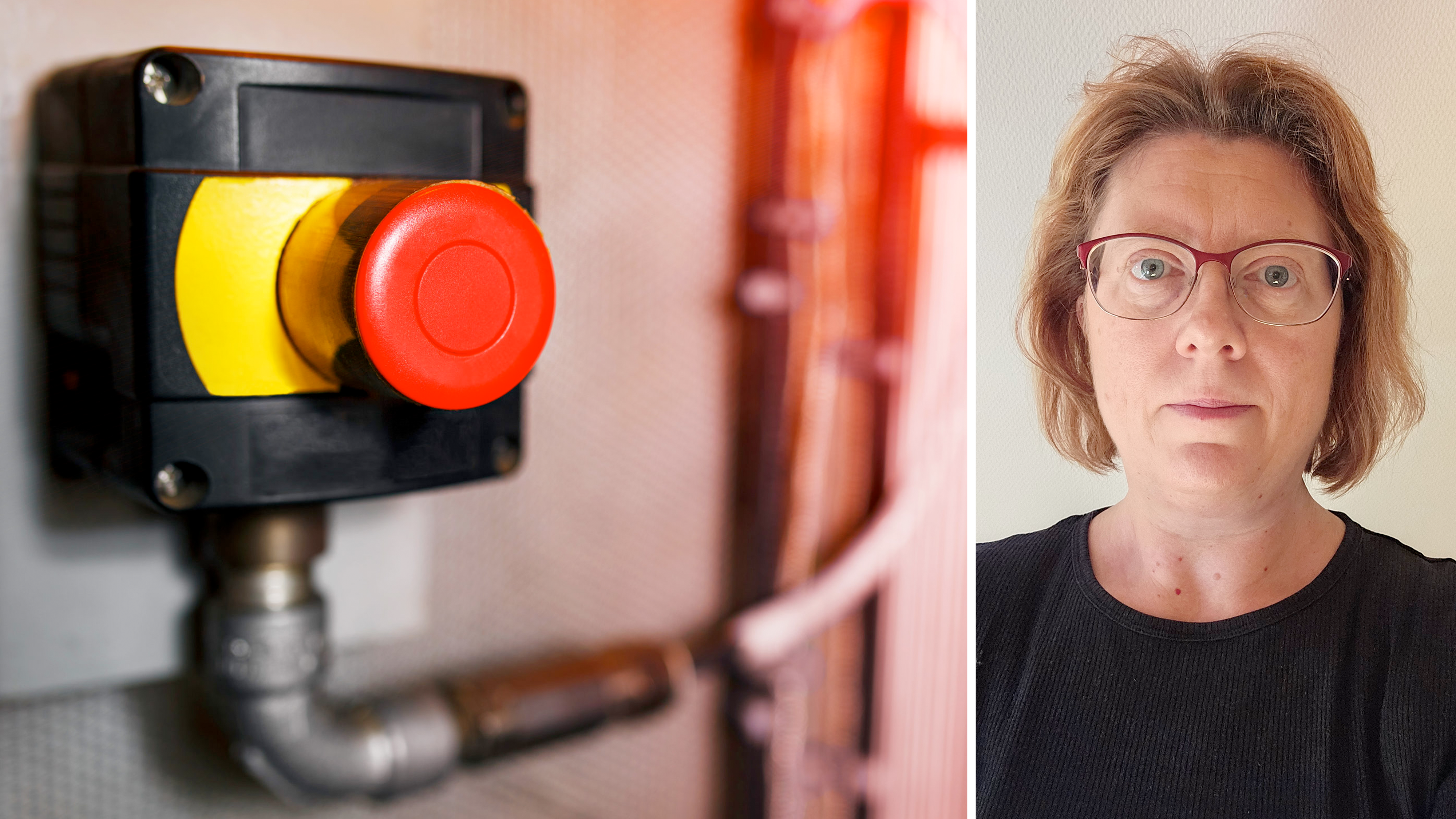 Bildmontage med en röd stoppknapp för en maskin, invid ett foto på Malin Cato.