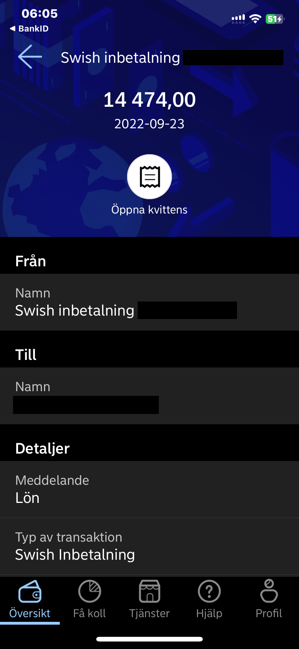 En mobilbankapp visar en Swish-betalning på 14 474 kr den 2022-09-23 med texten "Lön". Avsändare och mottagare delvis dolda.