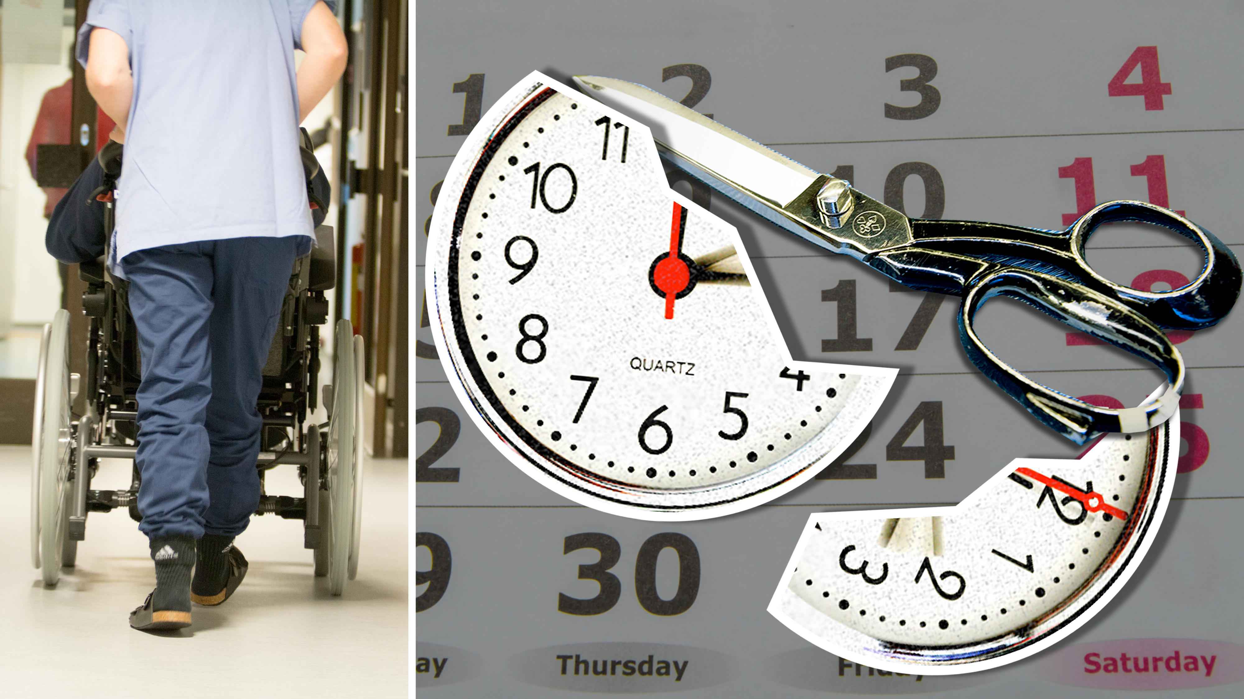 Bildmontage med en vårdanställd som drar en rullstol i en korridor, invid ett bildmontage med en sax som klippt itu en klocka.