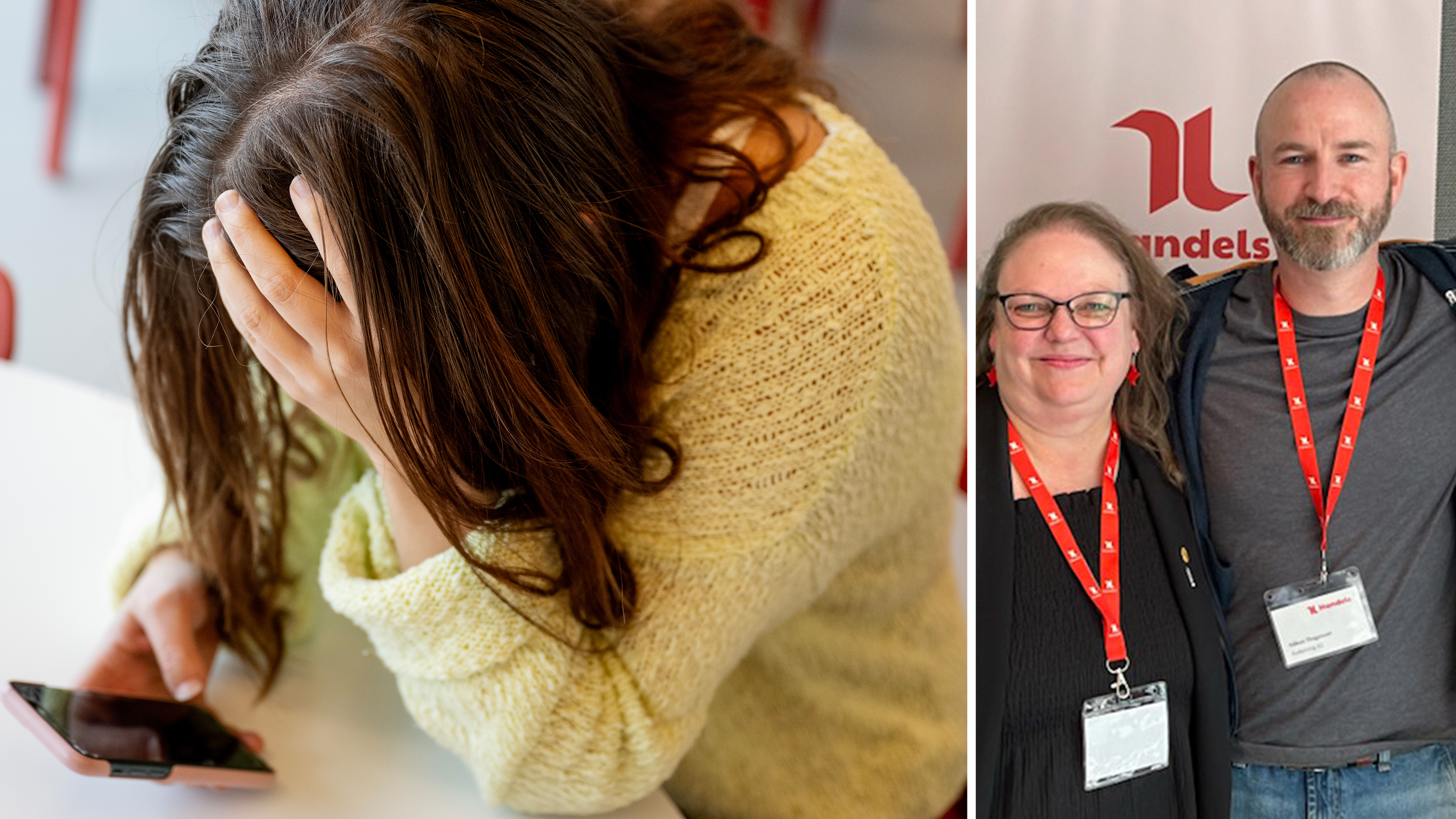 En person sitter med huvudet i händerna bredvid en telefon; intill står två personer med namnskyltar och ler mot kameran.