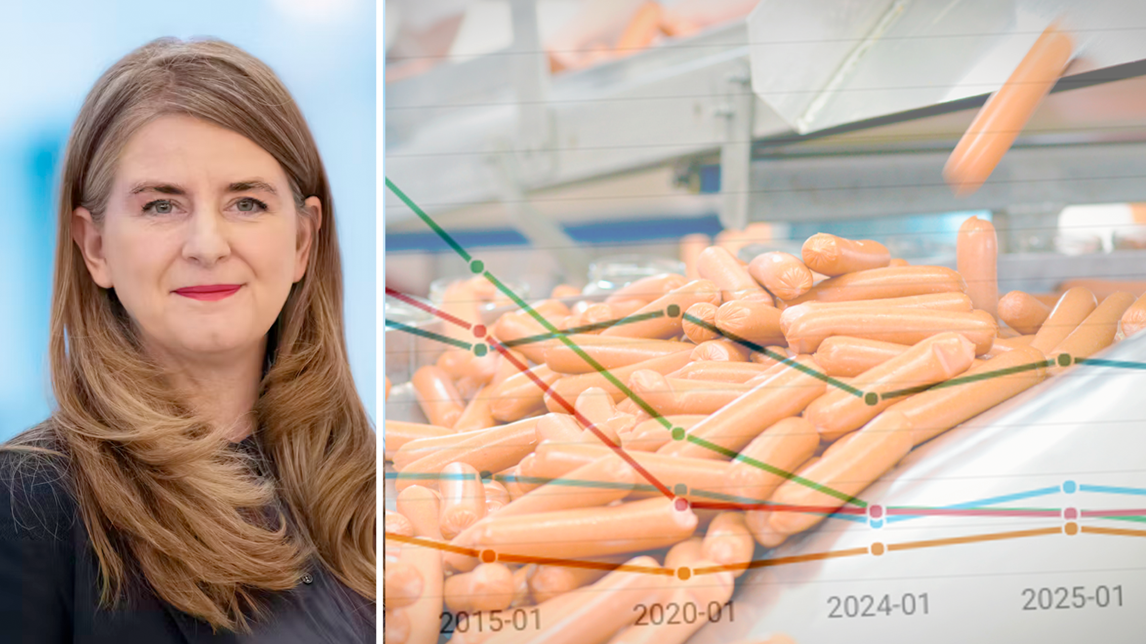 Bildmontage med foto på Kerstin Eriksson invid en bild på korvar i en maskin och ett vagt diagram.