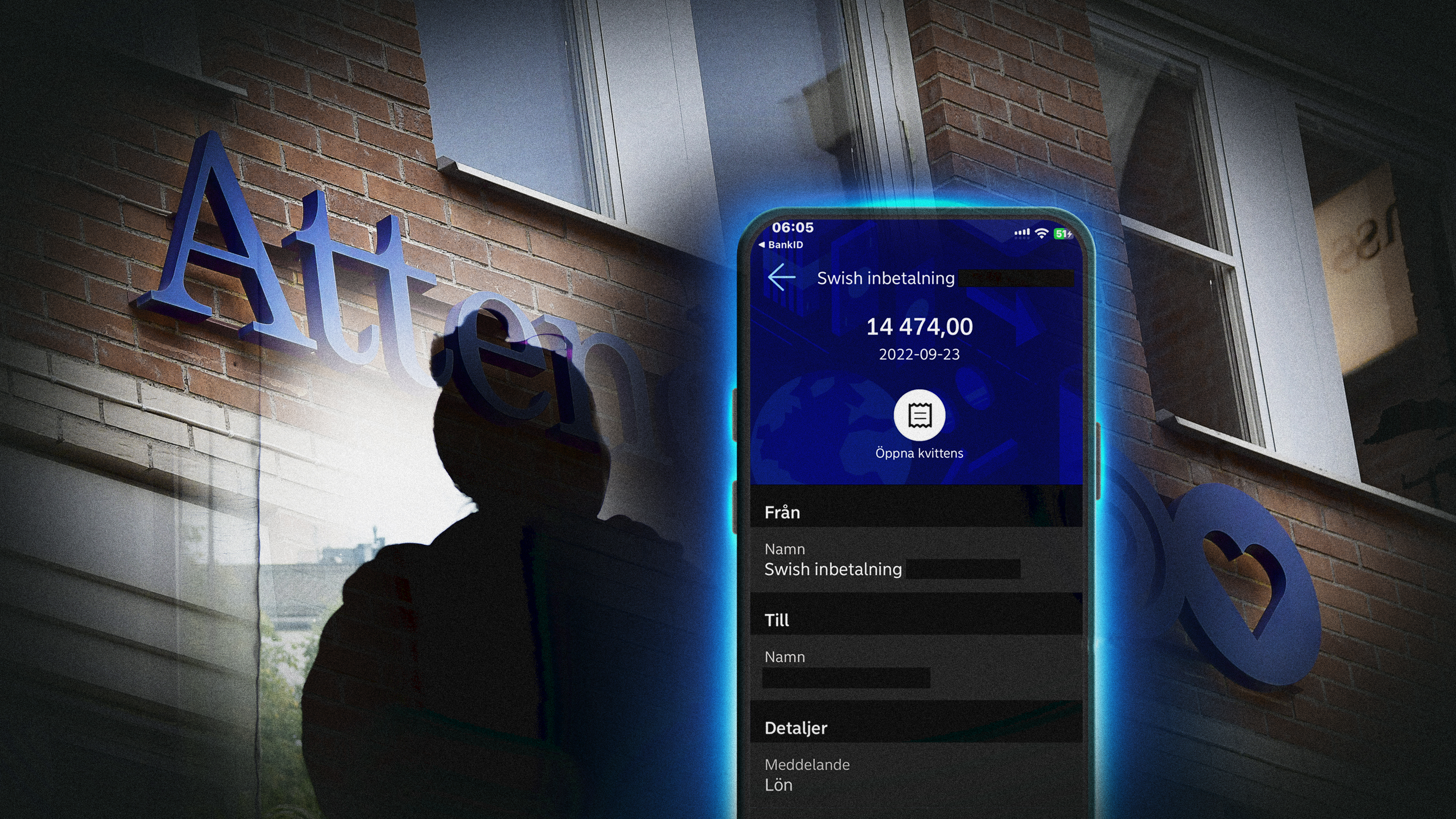 Montage med bild på en kvinna bakifrån, en mobiltelefon med ett bankutdrag på en Swish-betalning och en fasad med en Attendo-skylt.