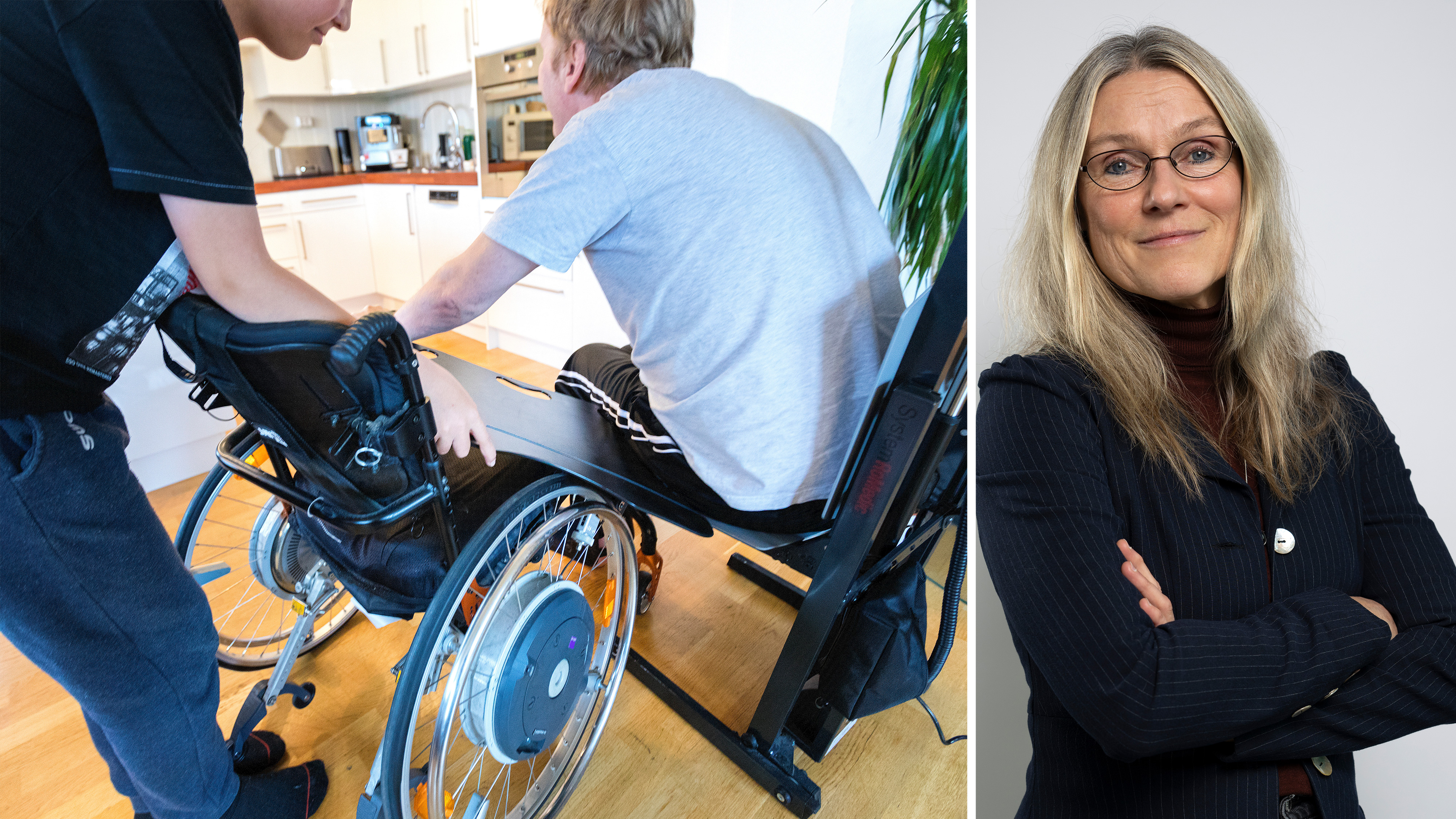 En person i rullstol får hjälp i ett kök, medan en kvinna med glasögon och randig kostym står med armarna i kors i ett porträtt.