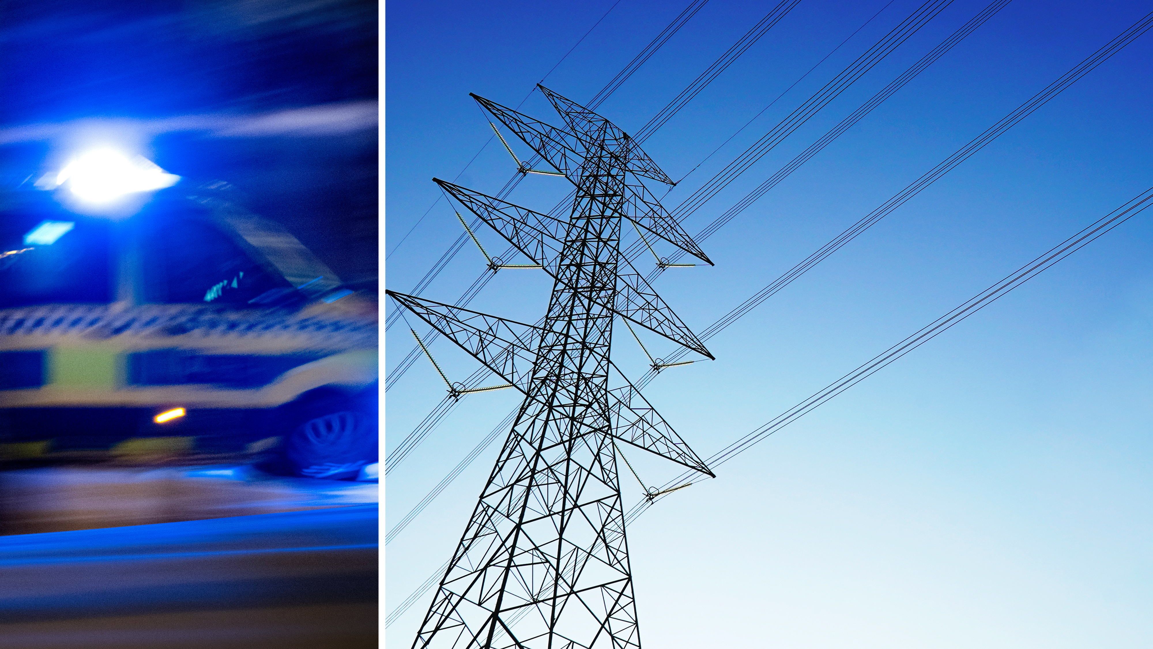 Till vänster syns en polisbil med blåljus, till höger ett elstängsel och kraftledningar mot en blå himmel.