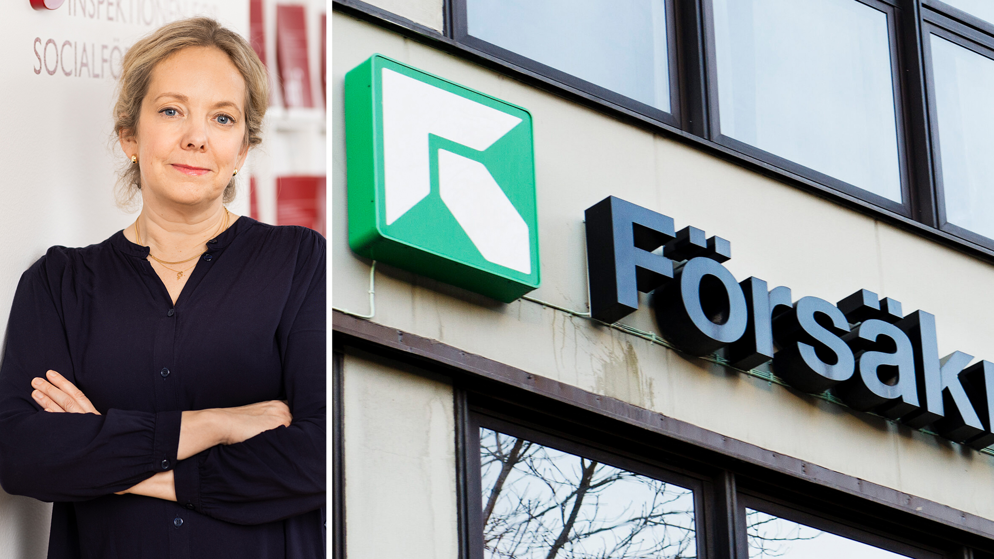 En kvinna med armarna i kors står bredvid en utomhusskylt för Försäkringskassan.