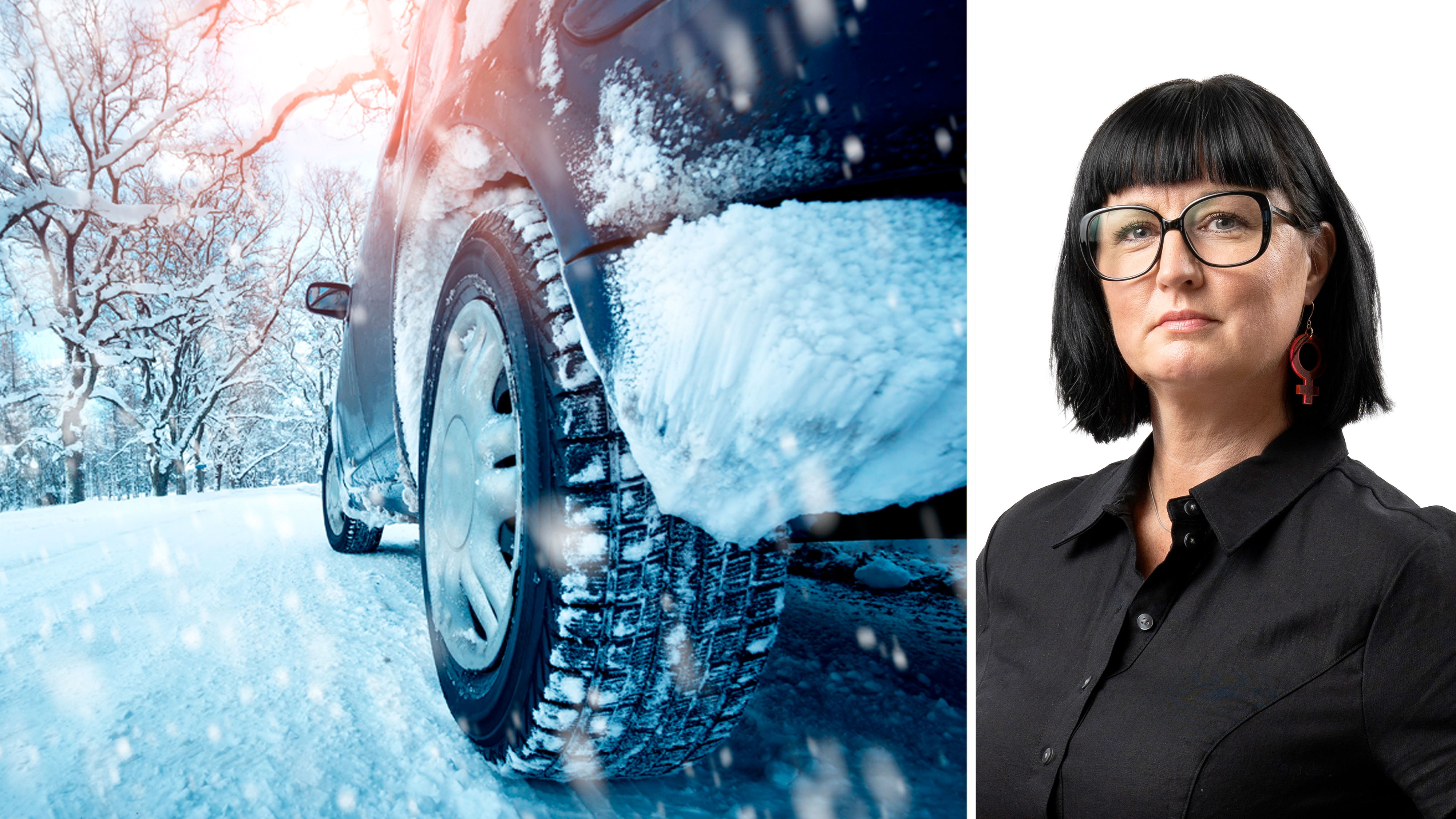 Bildmontage med foto på en bil på en vinterväg invid ett porträtt på Anna Brandenberg