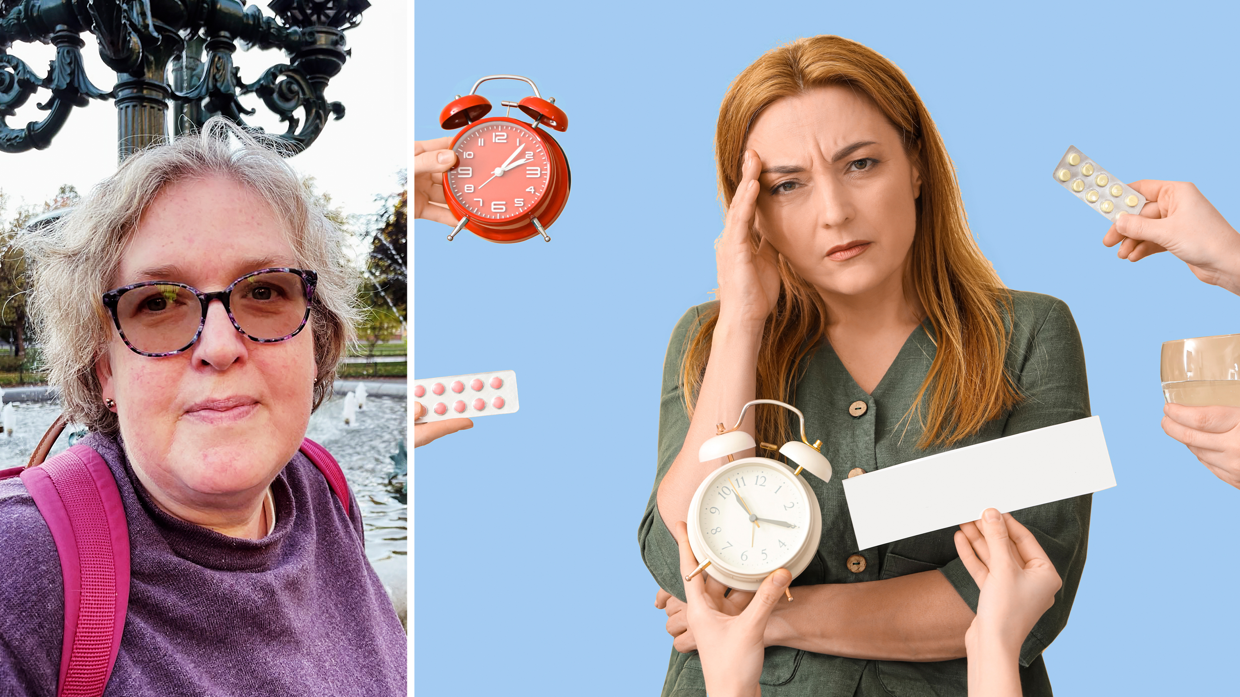 Delad bild: Till vänster en person med glasögon och rosa ryggsäck utomhus, till höger en kvinna omgiven av händer med piller, klockor och ett glas vatten.