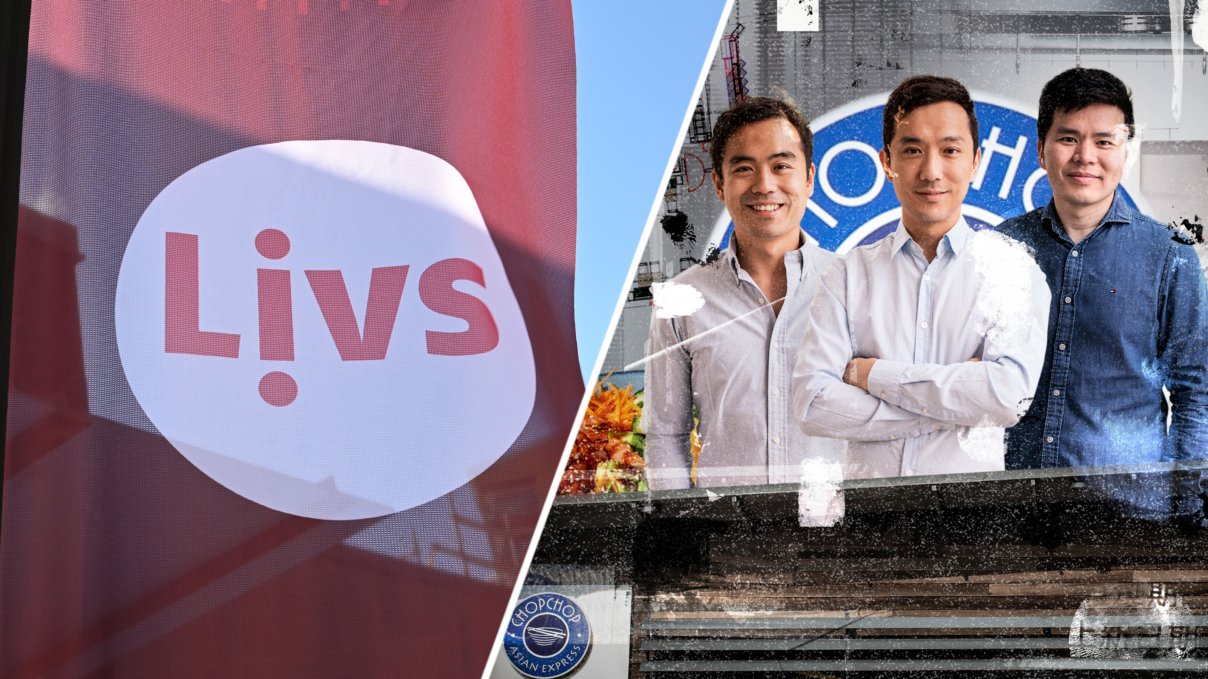 En röd flagga med Livs logotyp till vänster och tre män i kostym framför en blåvit skylt till höger.