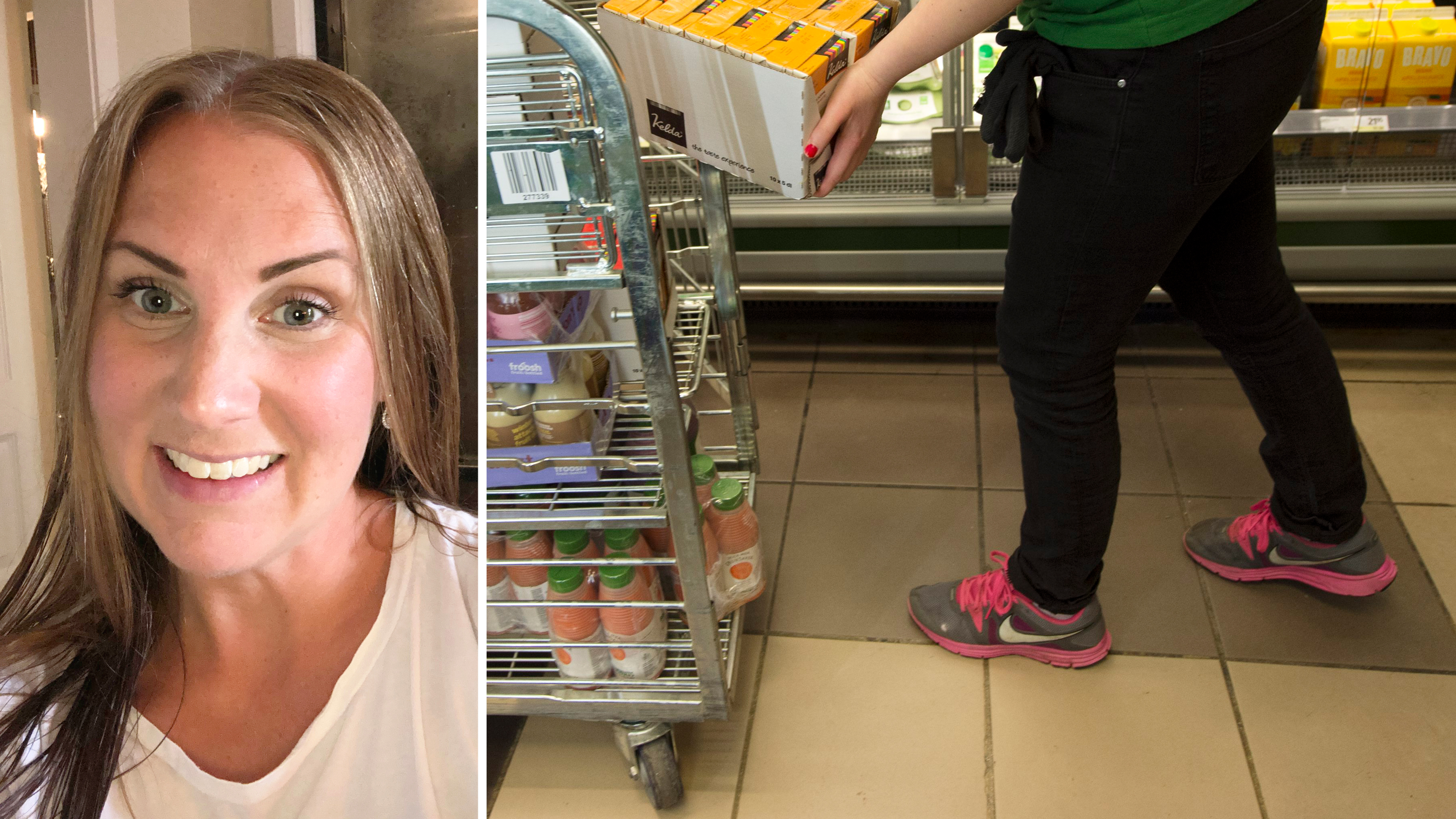 Till vänster syns en kvinna som tittar mot kameran. Till höger fyller en person på drycker i en kyldisk i butik.