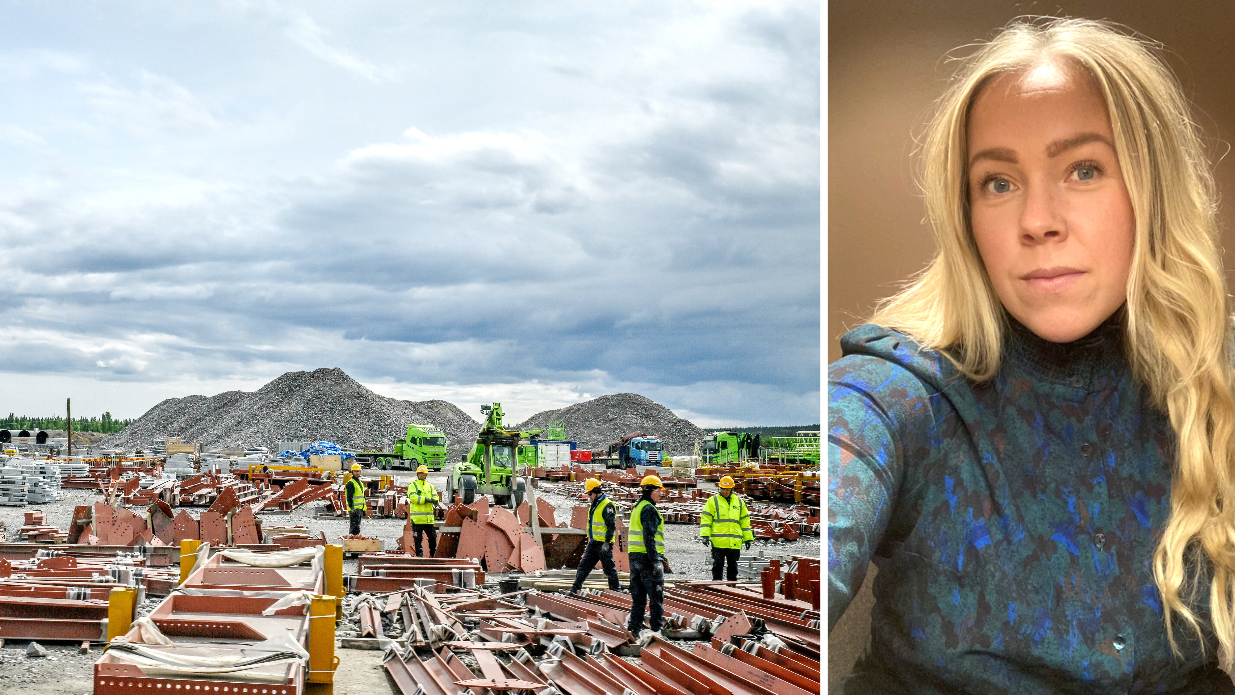 Byggarbetare i västar och hjälmar arbetar bland stålbalkar och utrustning; en kvinna med långt blont hår tar en selfie inomhus.
