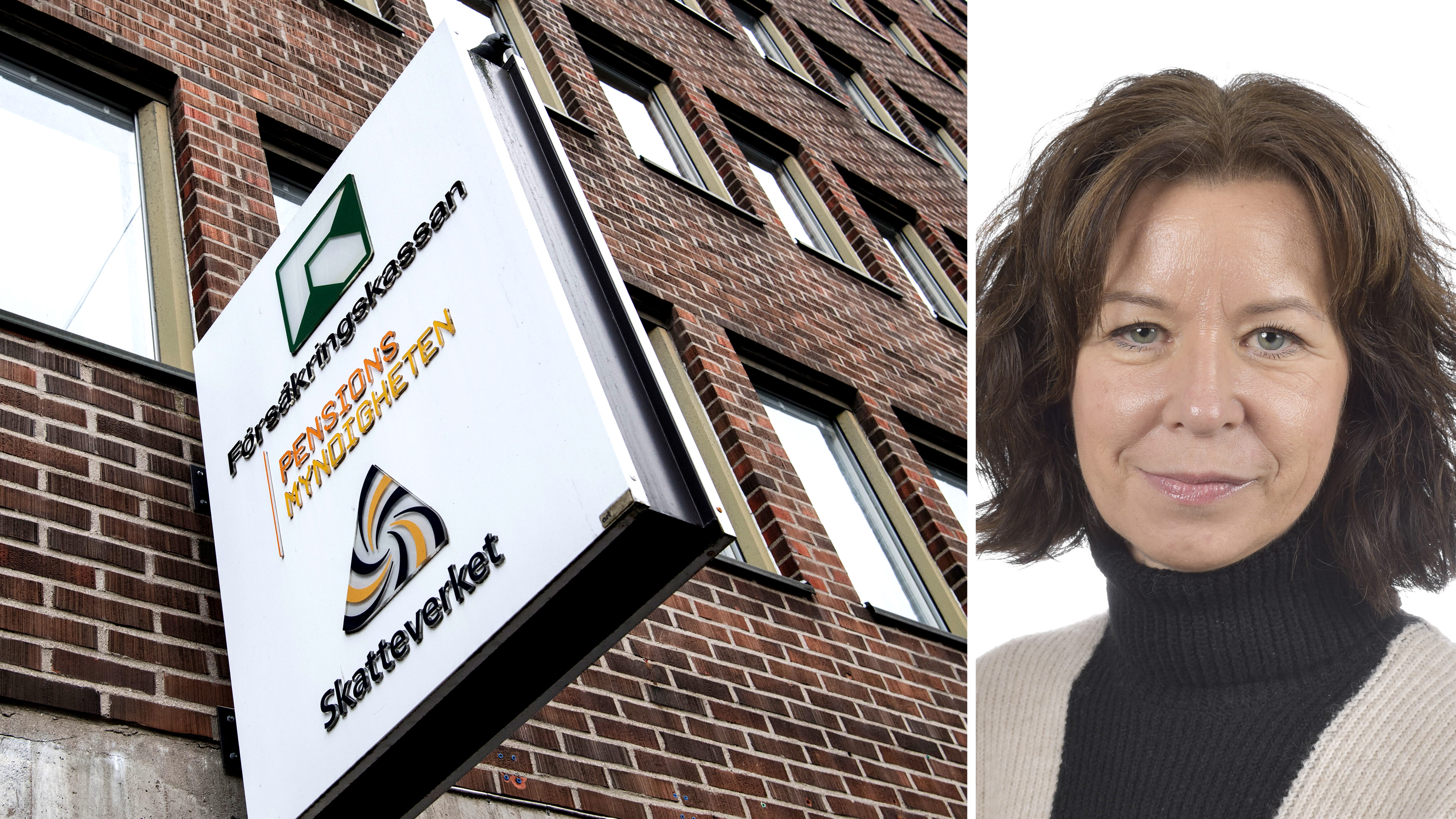 En byggnad med en skylt för "Pensionsmyndigheten" och "Skatteverket" till vänster; till högerEva Lindh (S) med brunt hår och svart polotröja mot vit bakgrund.