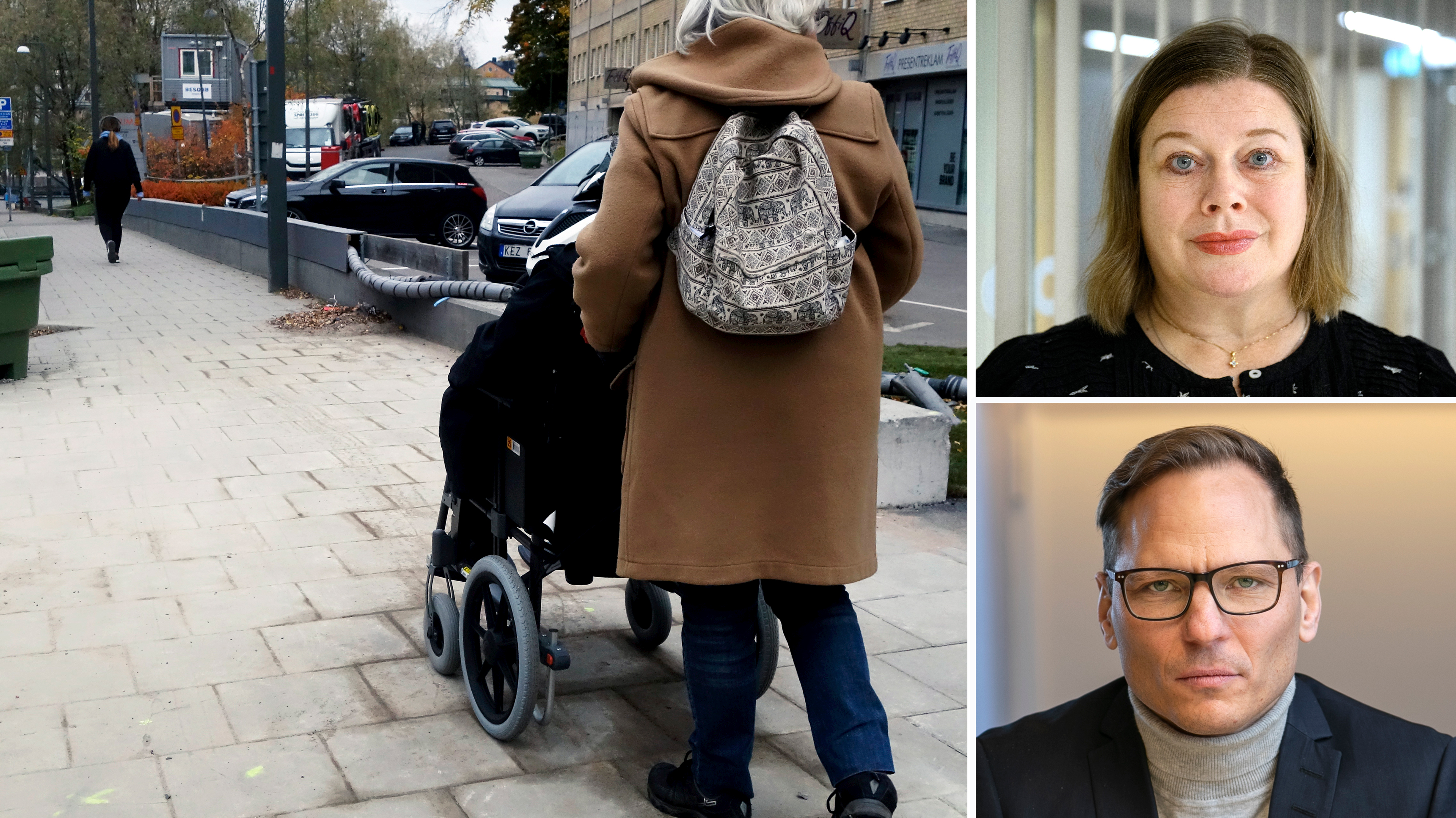 En person rullar en annan i rullstol på en trottoar i staden; två porträttbilder av en kvinna och en man syns till höger.