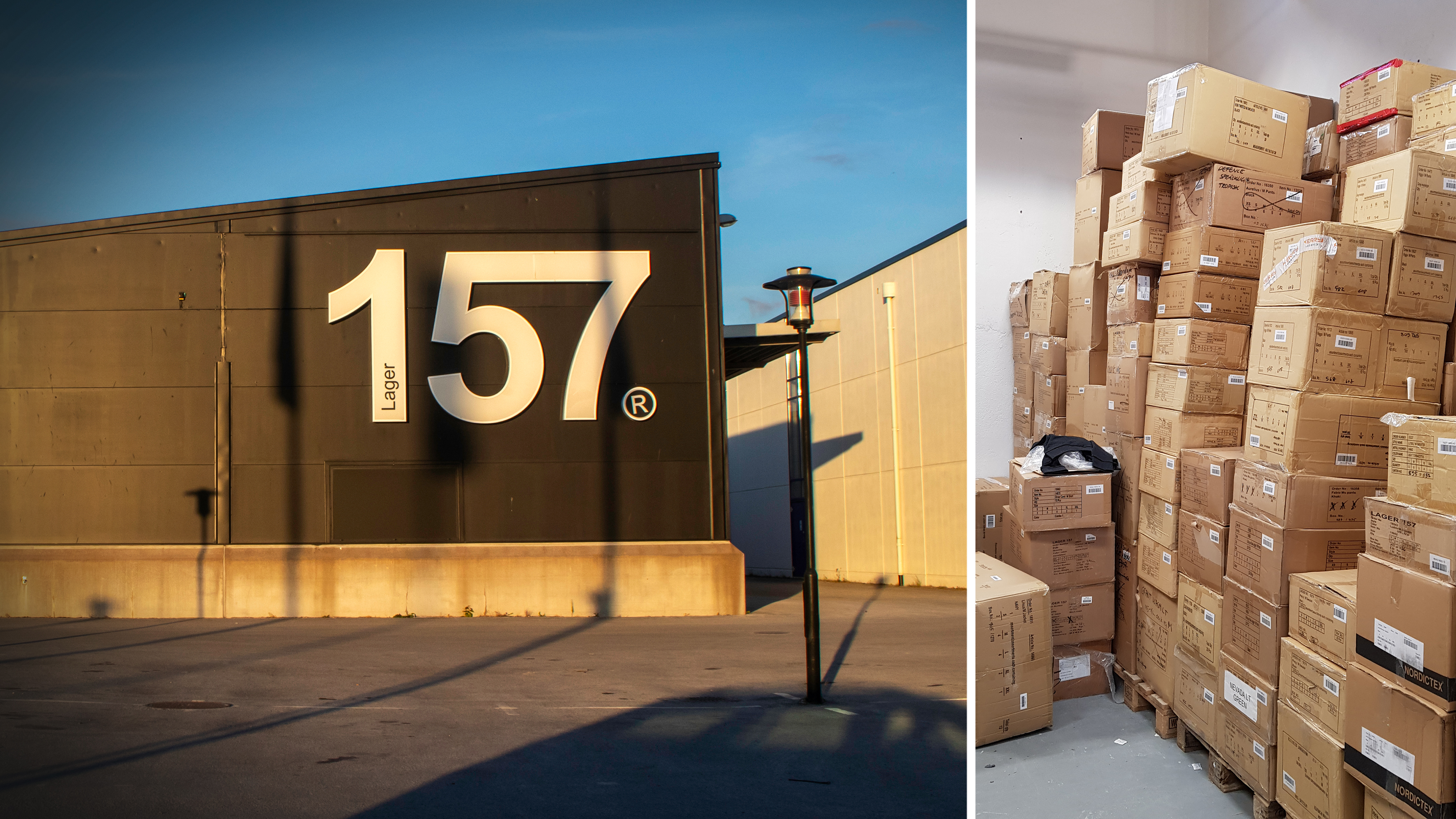 Vänster sida visar utsidan av en Lager 157-byggnad, höger sida visar staplar av kartonger i ett lager.
