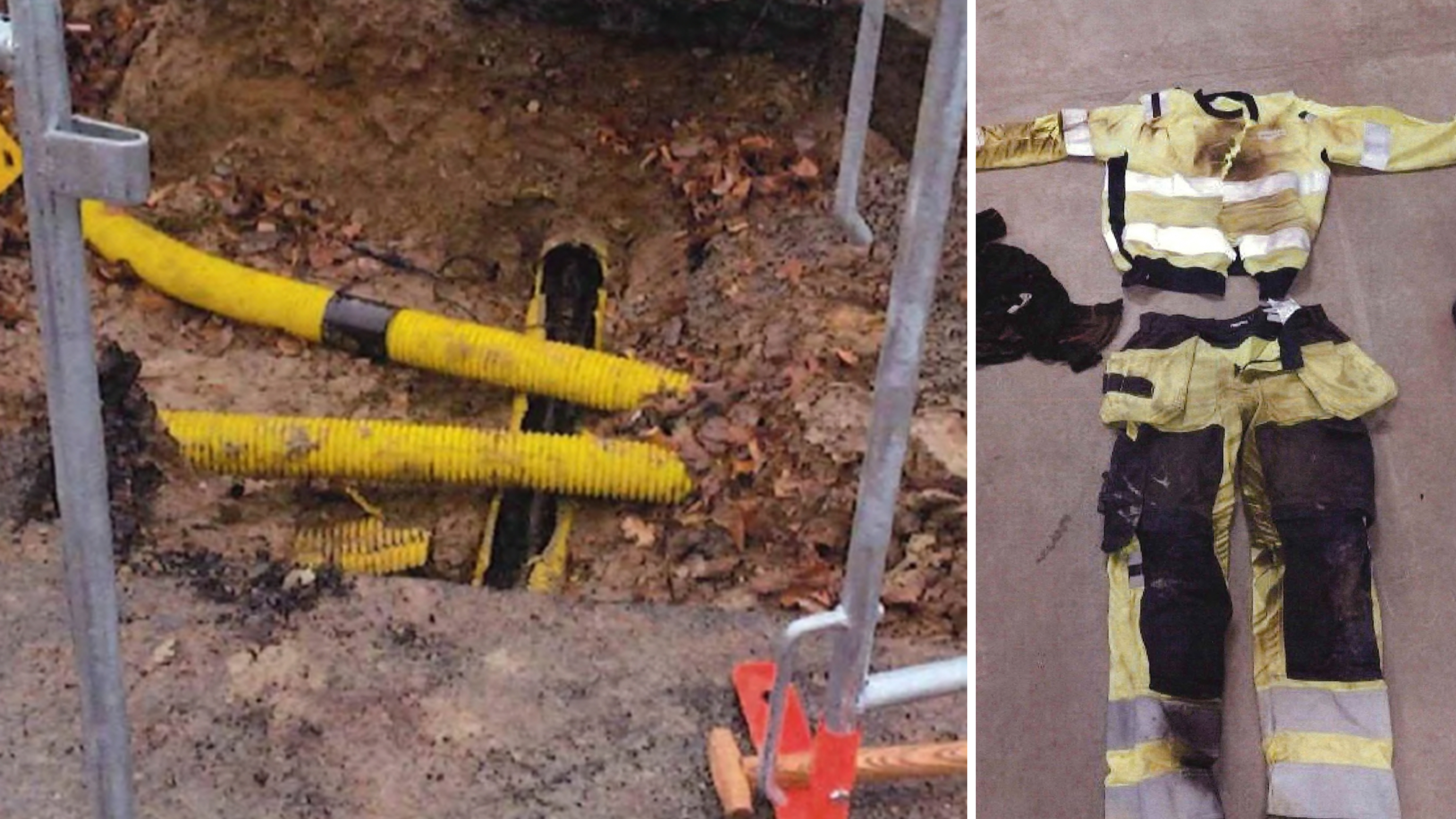 En jordränna med gula skadade rör till vänster och en dräkt med skador på marken till höger.