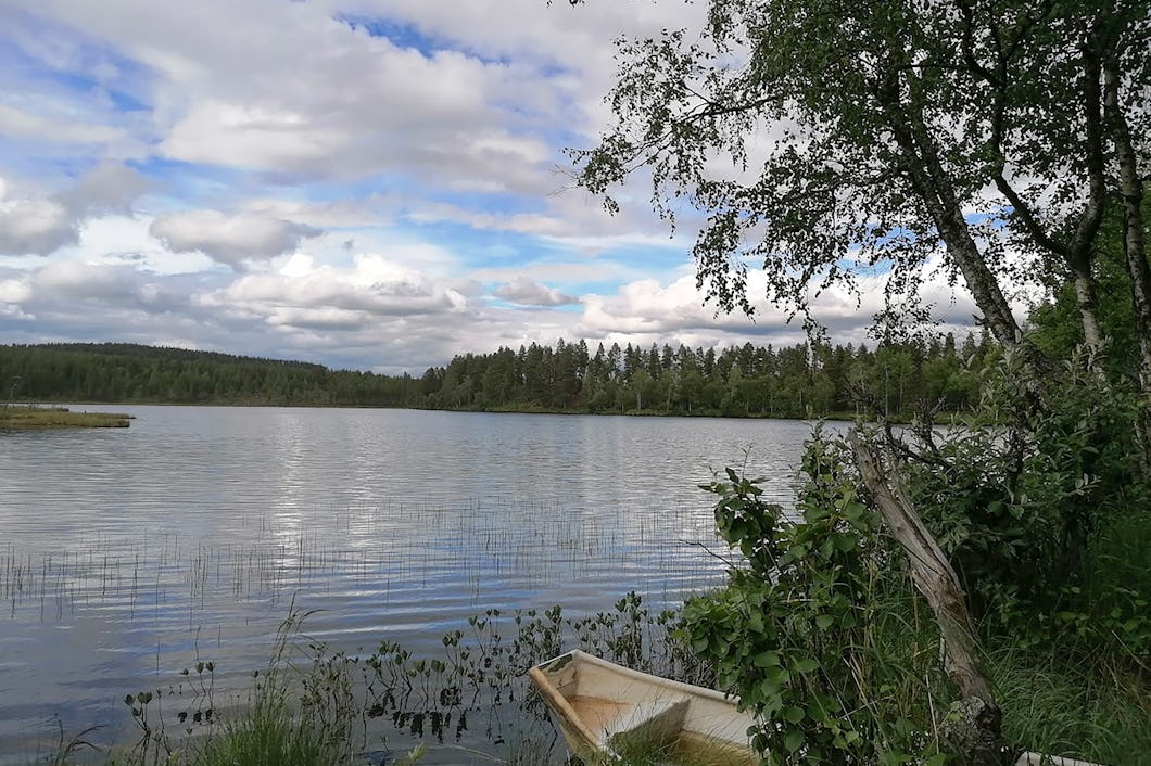En sjö omgiven av träd under en delvis molnig himmel, med en liten träroddbåt vid gräsbevuxen strand i förgrunden.