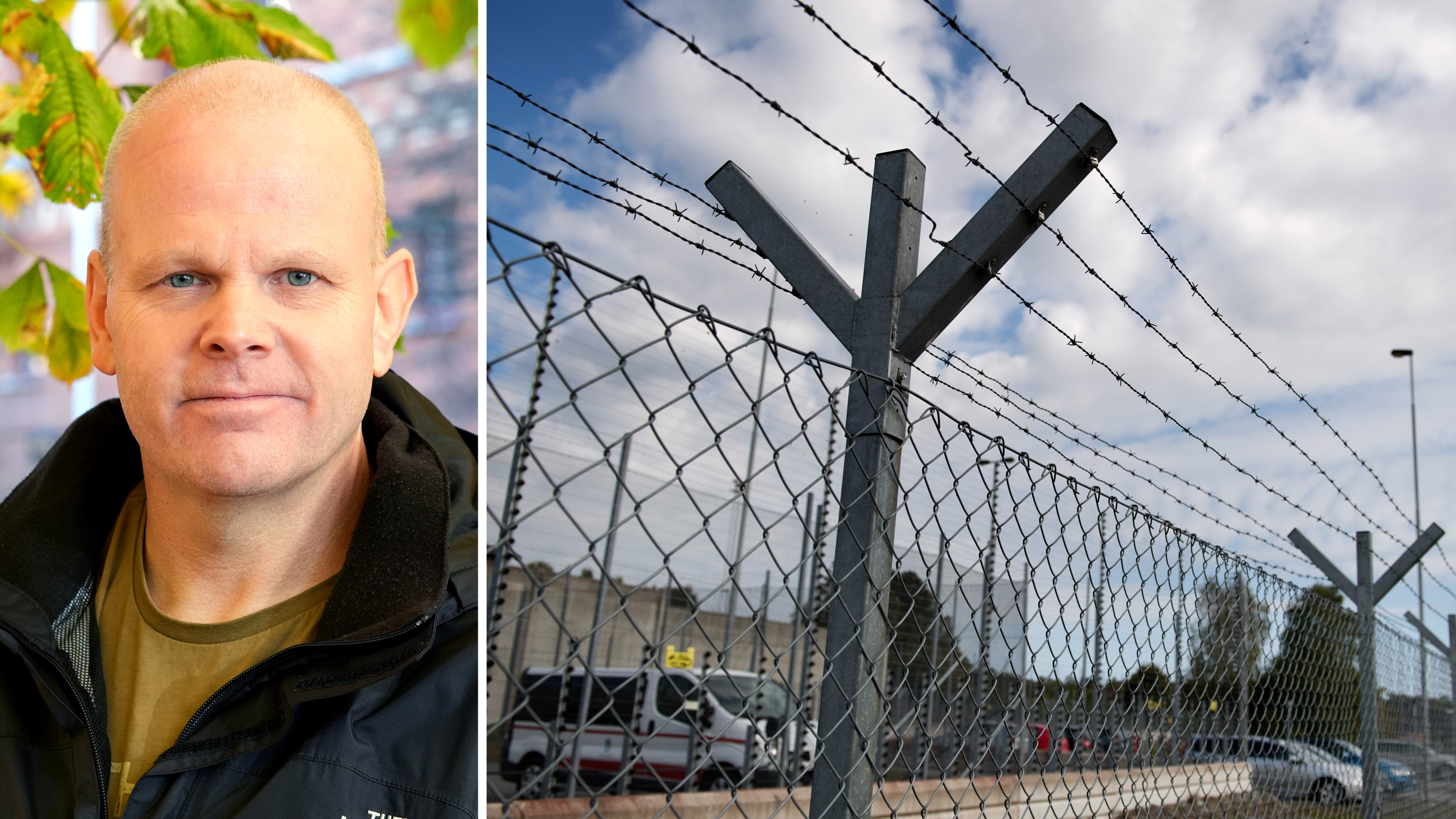 Delad bild av en man klädd i en jacka till vänster och ett taggtrådsstängsel och himmel till höger.
