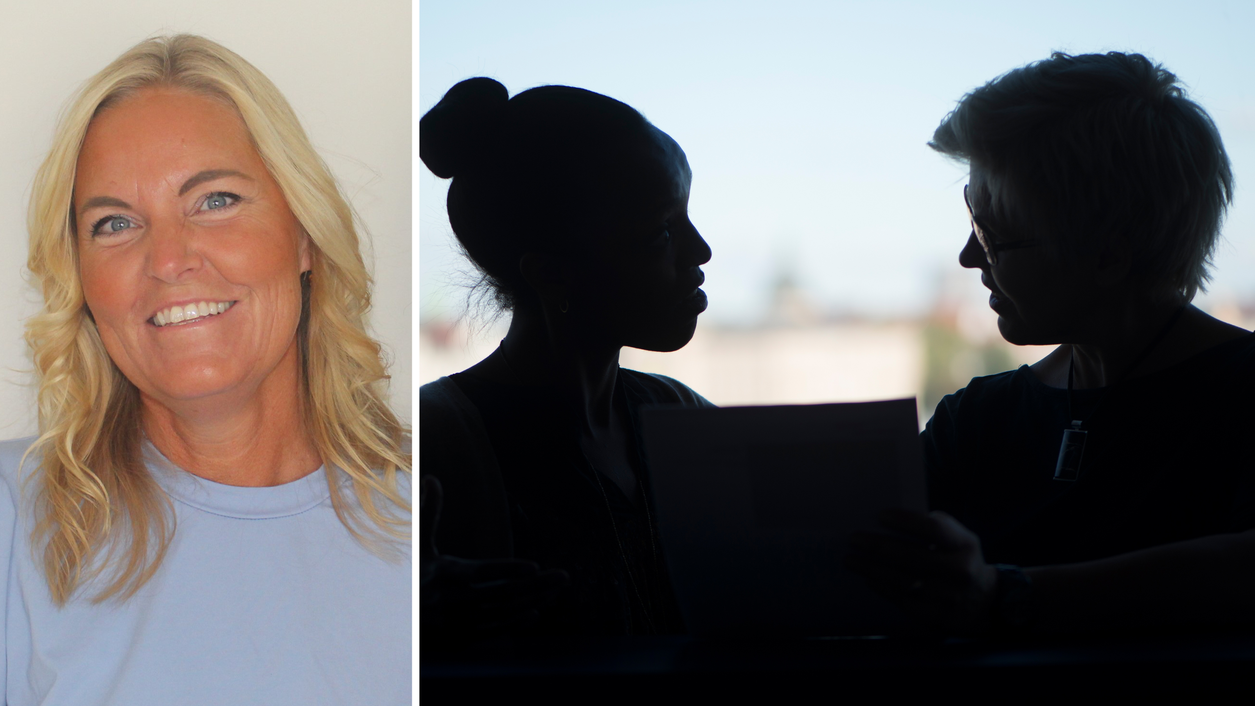 En kvinna i ljusblå skjorta ler mot kameran; bredvid henne syns två personer i siluett samtala inomhus.