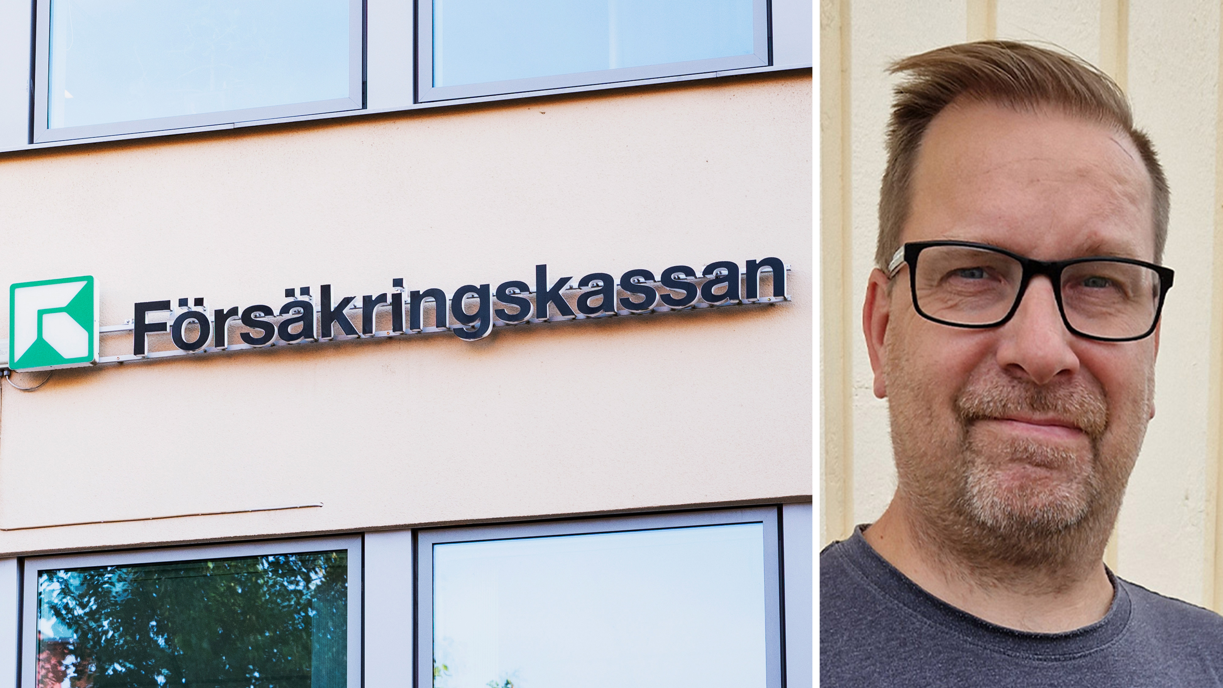 En byggnad med en Försäkringskassan-skylt till vänster; till höger står en man med glasögon framför en ljus vägg.
