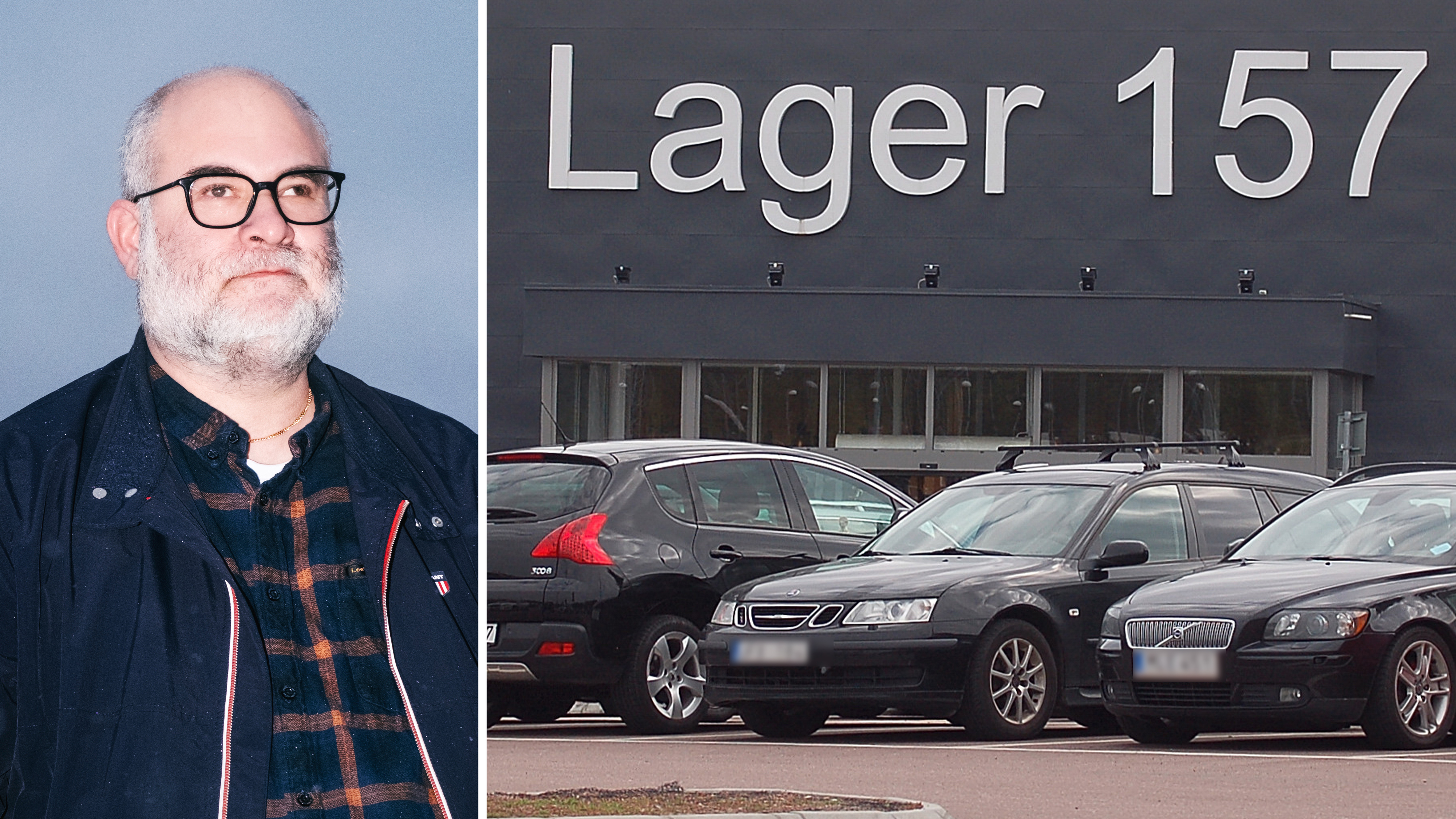 En man med glasögon syns till vänster; till höger finns en parkeringsplats med bilar framför en byggnad märkt "Lager 157".
