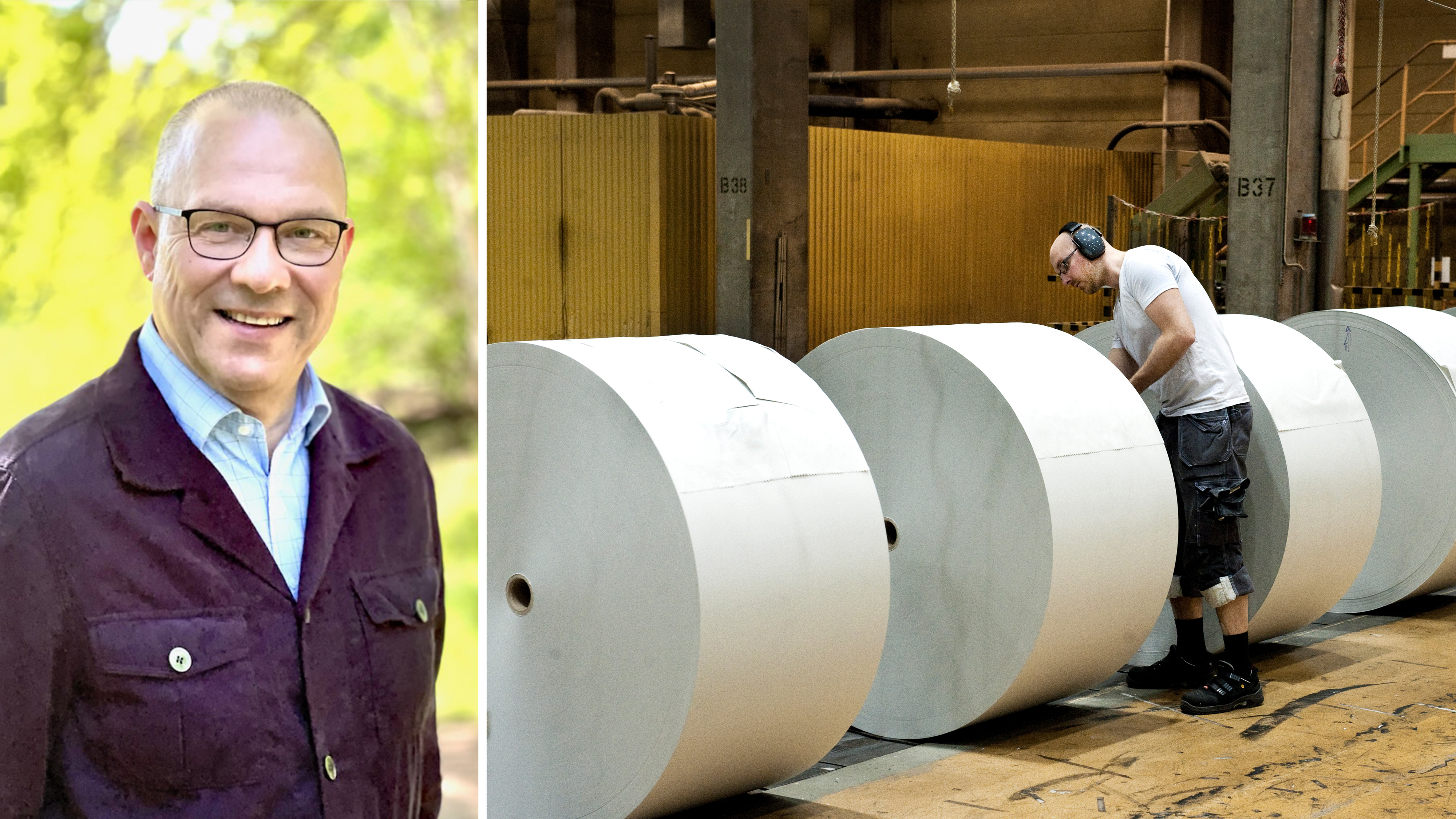 Delad bild: Till vänster en man med glasögon och jacka utomhus. Till höger en arbetare som granskar stora papprullar i en industri.