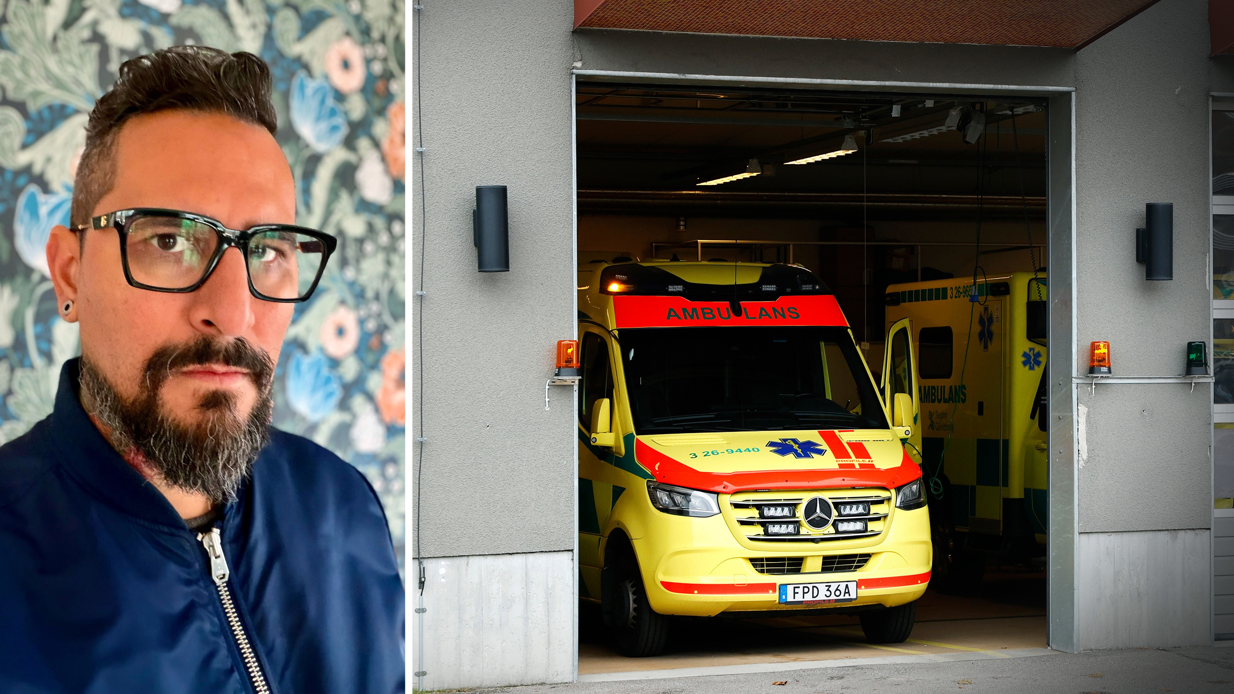 Till vänster sitter en man med glasögon och skägg, till höger står en gul ambulans parkerad i ett garage med tända ljus.