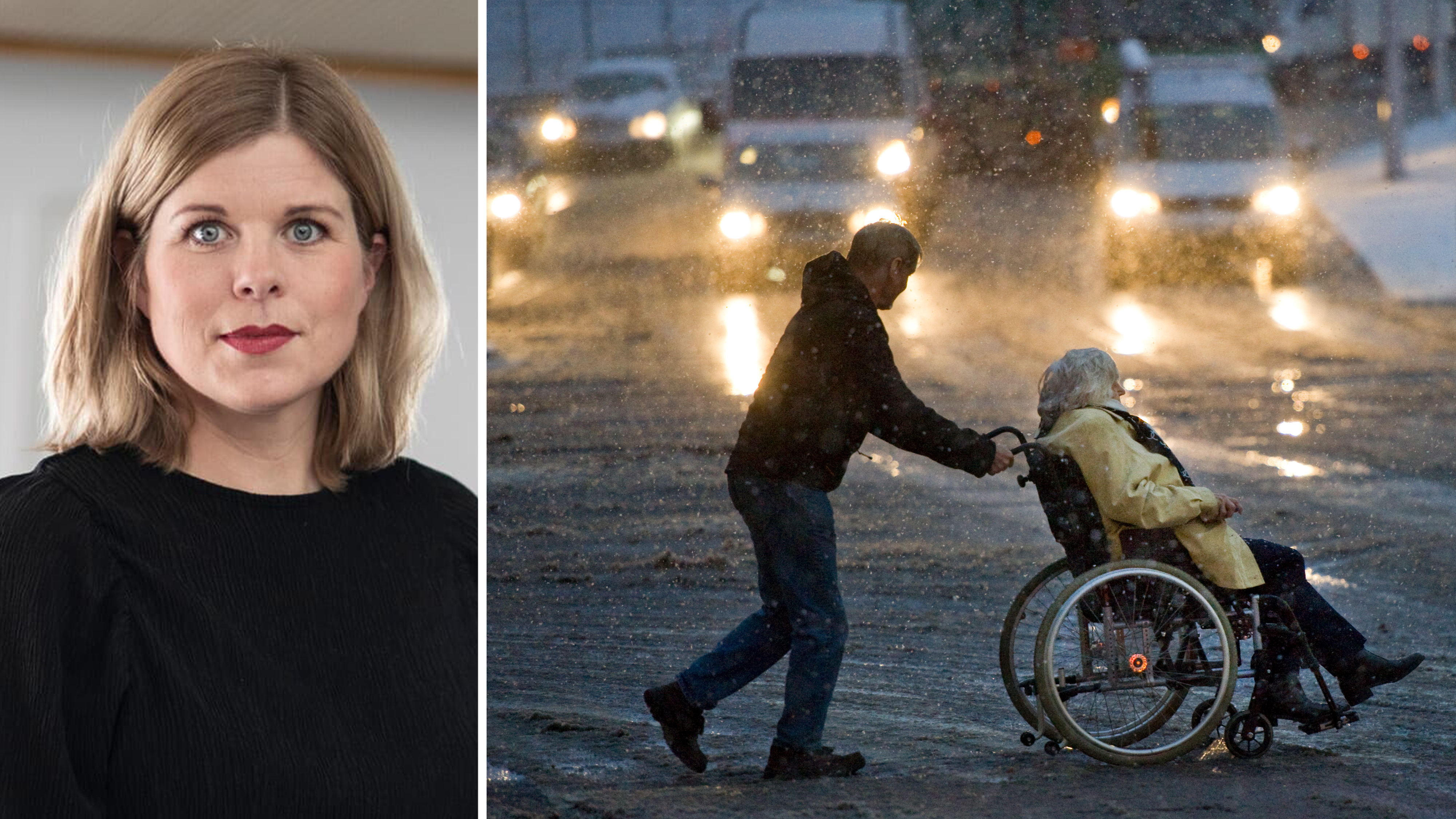BIldmontage med porträtt på Kommunals Lisa Bondesson, invid foto på två personer, varav en i rullstol, som korsar en trafikerad väg.
