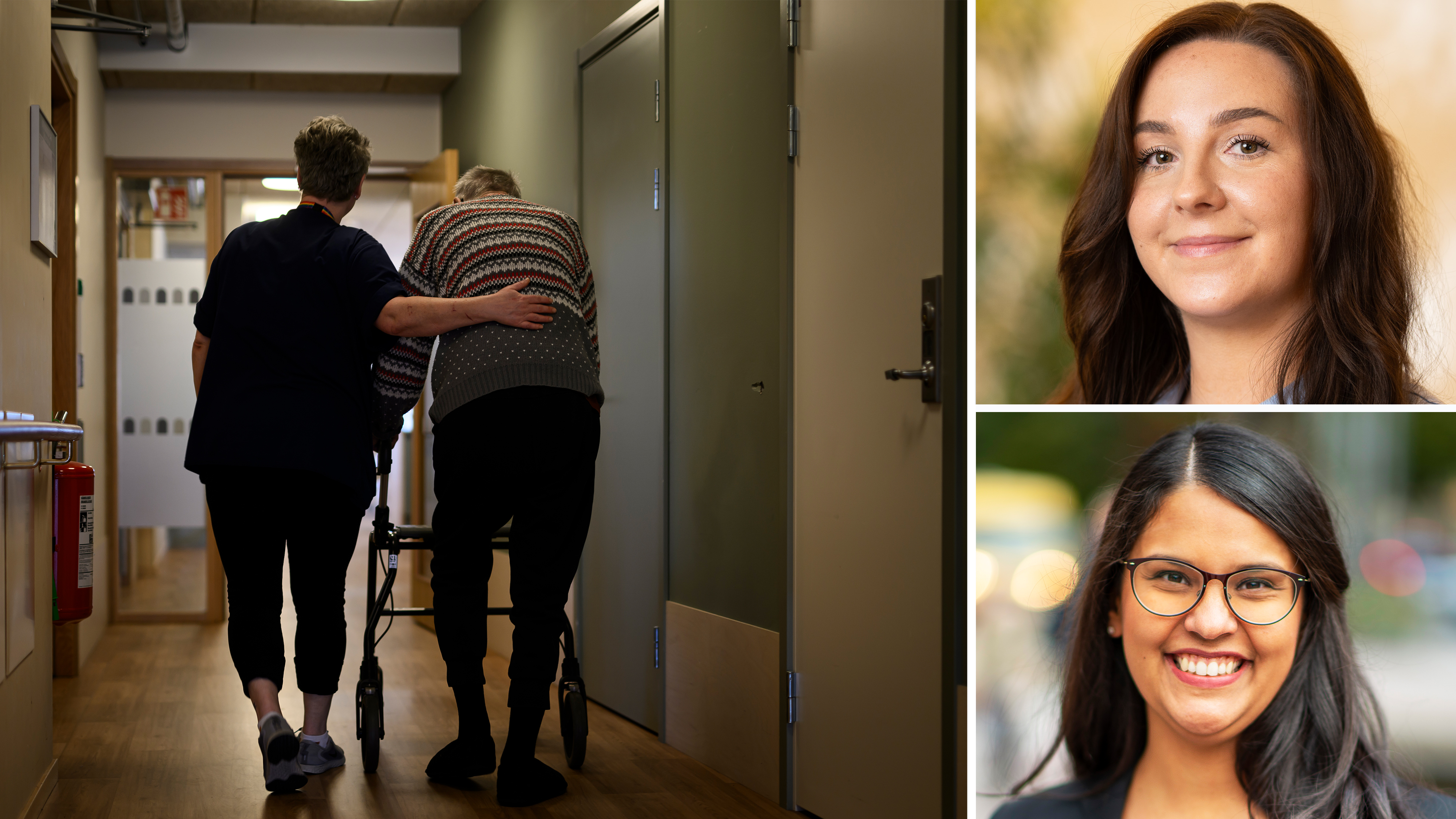 En vårdgivare hjälper en äldre person med en rollator i en korridor; två porträtt av kvinnor syns till höger.