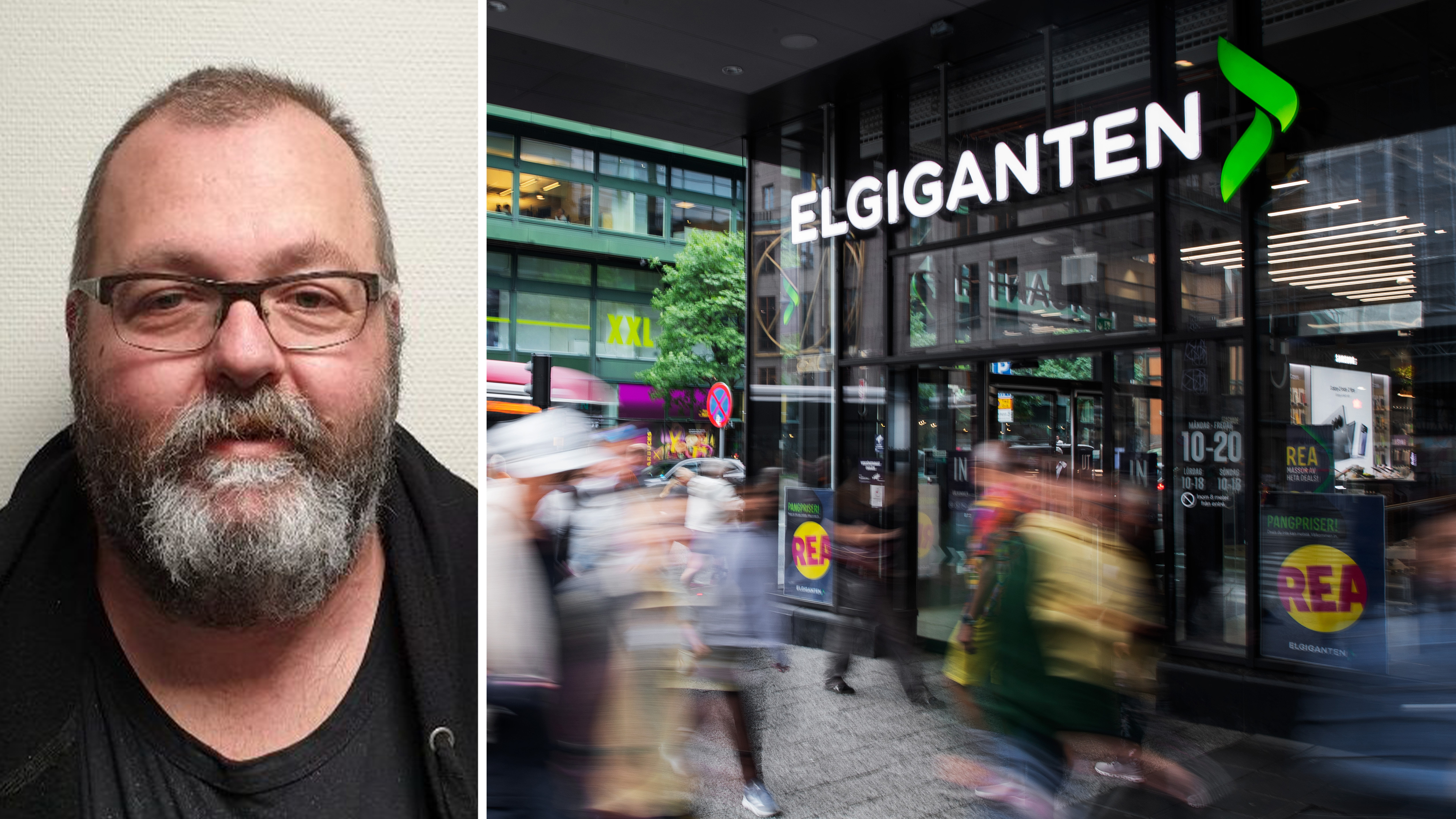 En man med glasögon och skägg syns till vänster; till höger går personer förbi ingången till en Elgiganten-butik.