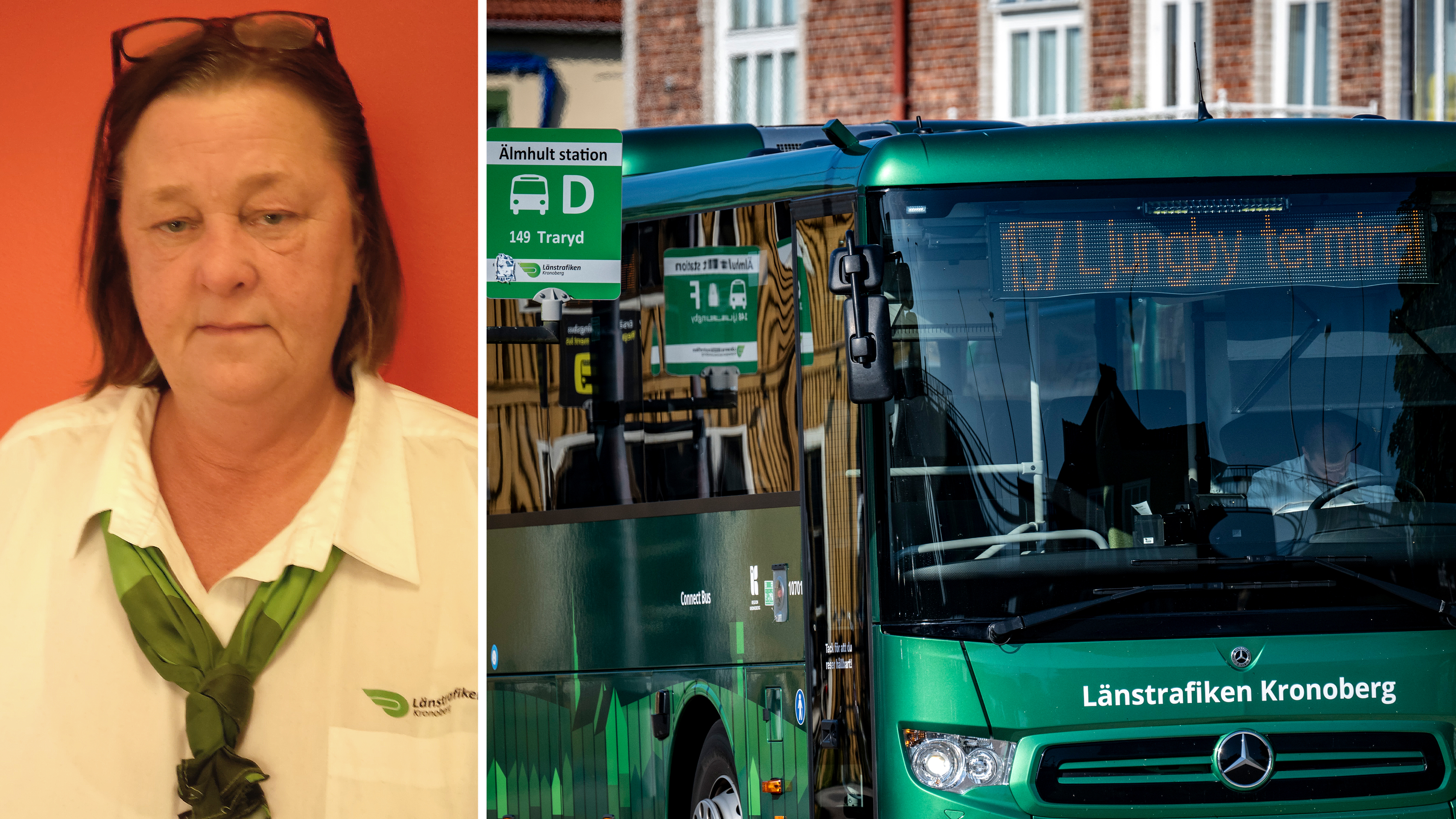 En kvinna i vit skjorta med grön halsduk står bredvid en Länstrafiken Kronoberg buss vid en hållplats.