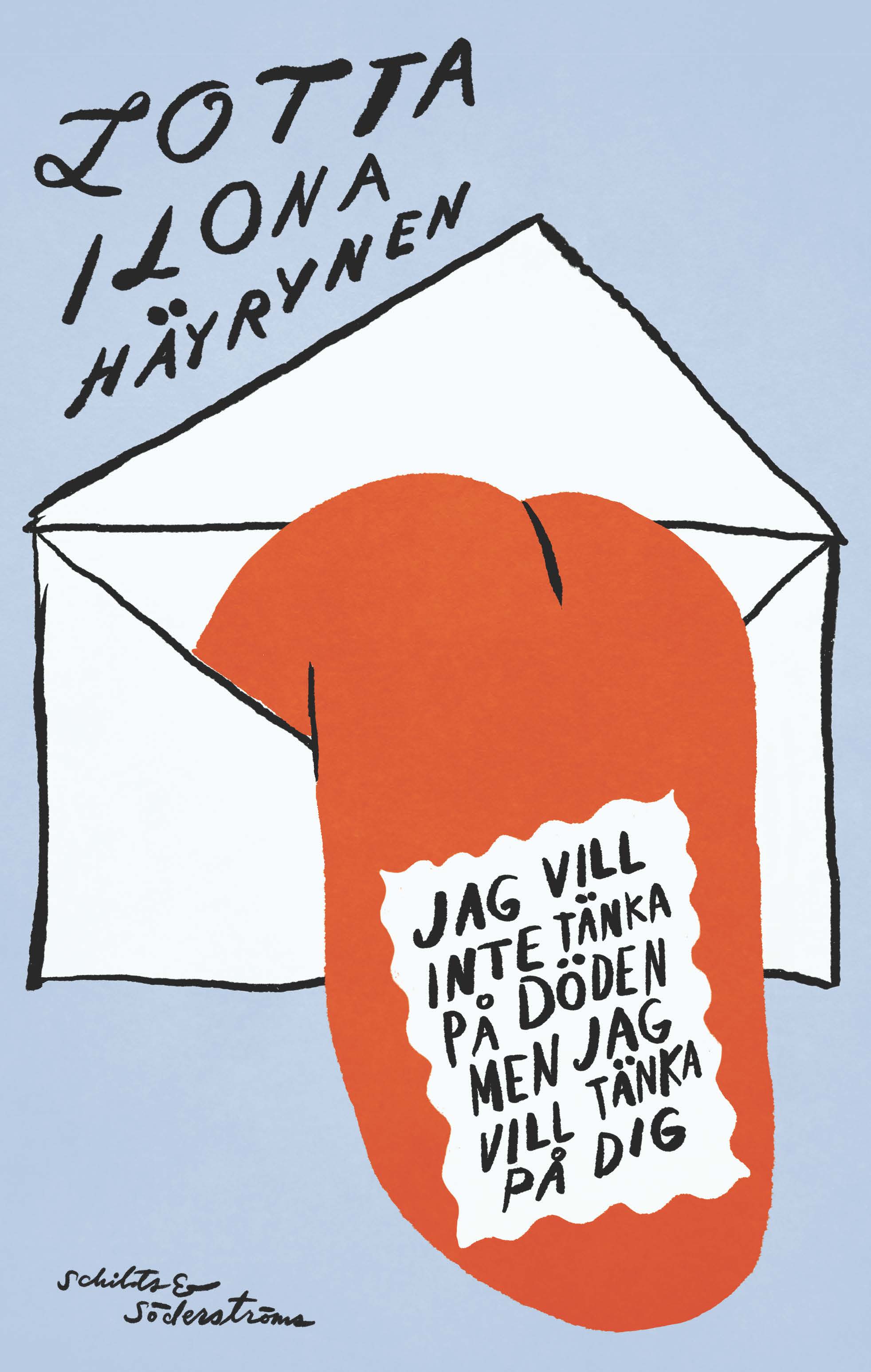 Ett bokomslag visar ett kuvert med en tunga som håller i en lapp med svensk text. Författaren Lotta Ilona Häyrynens namn står överst.